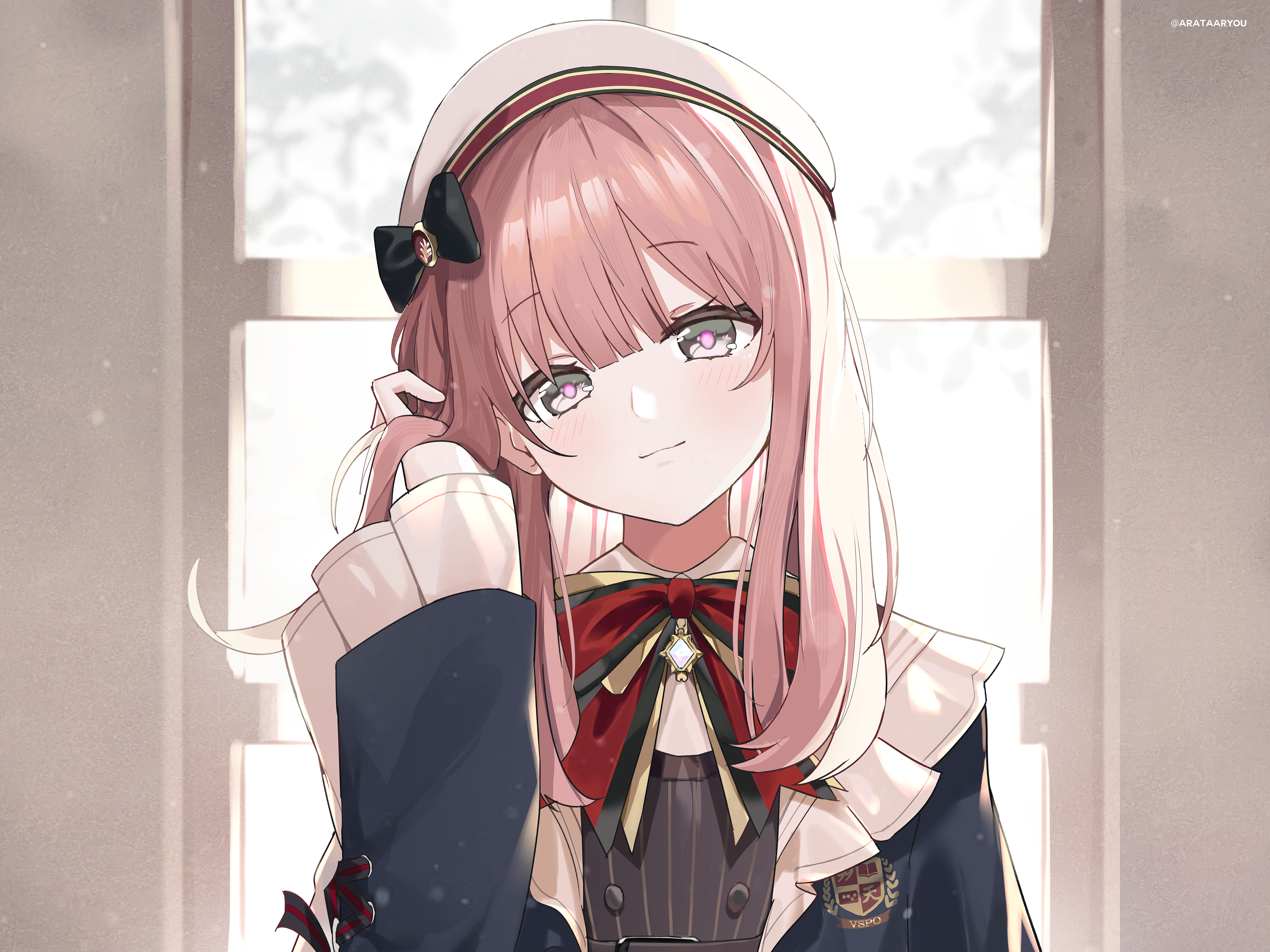 arata ryou, amayui moka, vspo!, absurdres, commentary request, highres, 1girl, adjusting hair, arm up, artist name, beret, black bow, bow, bowtie, brooch, brown dress, center-flap bangs, closed mouth, dress, gold bow, grey eyes, hair bow, hat, head tilt, indoors, jewelry, long sleeves, looking at viewer, medium hair, pink hair, pink pupils, red bow, sleeves past wrists, solo, striped clothes, striped dress, upper body, virtual youtuber, white hat, wide sleeves, window