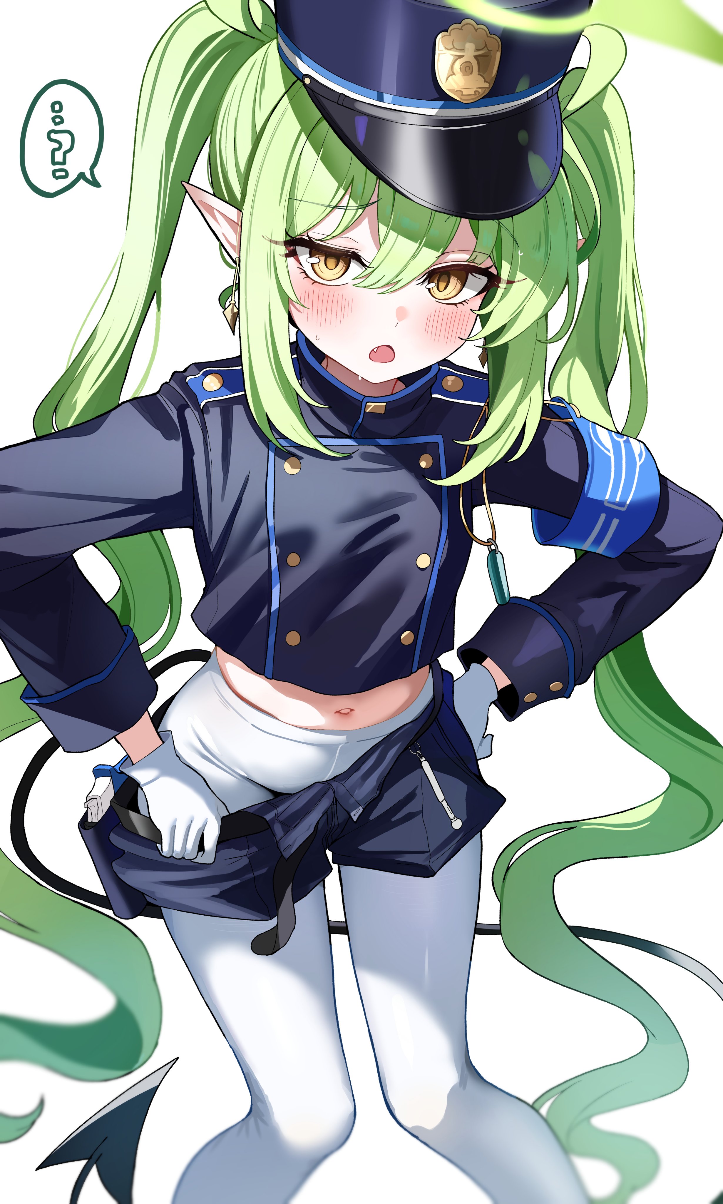 sak (lemondisk), nozomi (blue archive), blue archive, absurdres, commentary, highres, symbol-only commentary, 1girl, armband, black shirt, black shorts, black tail, blue armband, demon tail, fang, feet out of frame, gloves, green hair, green halo, halo, hat, looking at viewer, navel, pantyhose, peaked cap, pointy ears, shirt, shorts, skin fang, solo, standing, tail, white gloves, white pantyhose, yellow eyes