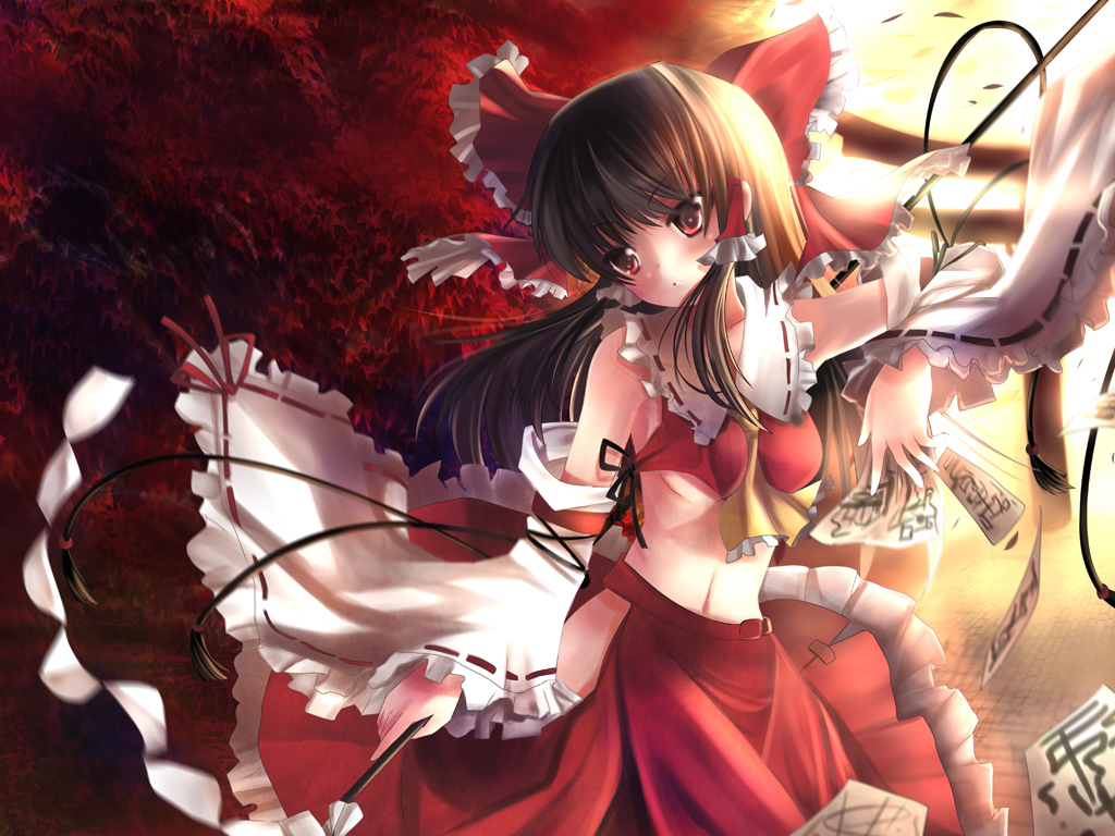 xephonia, hakurei reimu, touhou, 1girl, bow, breasts, brown hair, detached sleeves, female focus, gohei, hair bow, japanese clothes, long hair, miko, nature, navel, ofuda, outdoors, plant, red eyes, ribbon, skirt, sky, solo, torii