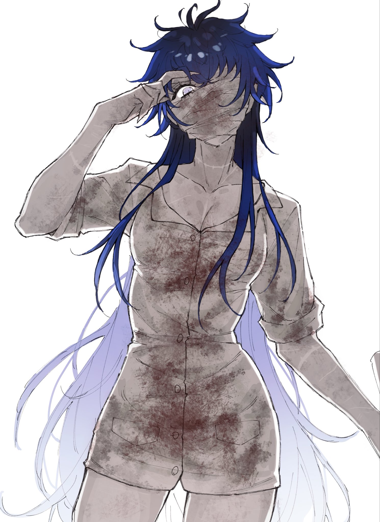 omokage yugamu, the hundred line -last defense academy-, commentary, english commentary, highres, 1girl, bandage over one eye, bandaged head, bandages, bandages over mouth, black hair, blood, blood on clothes, blue hair, breasts, claws, cleavage, coat, colored skin, cowboy shot, genderswap, genderswap (mtf), gradient hair, head tilt, long hair, looking at viewer, multicolored hair, purple eyes, scar, scar on neck, very long hair, vvks, white coat, white skin