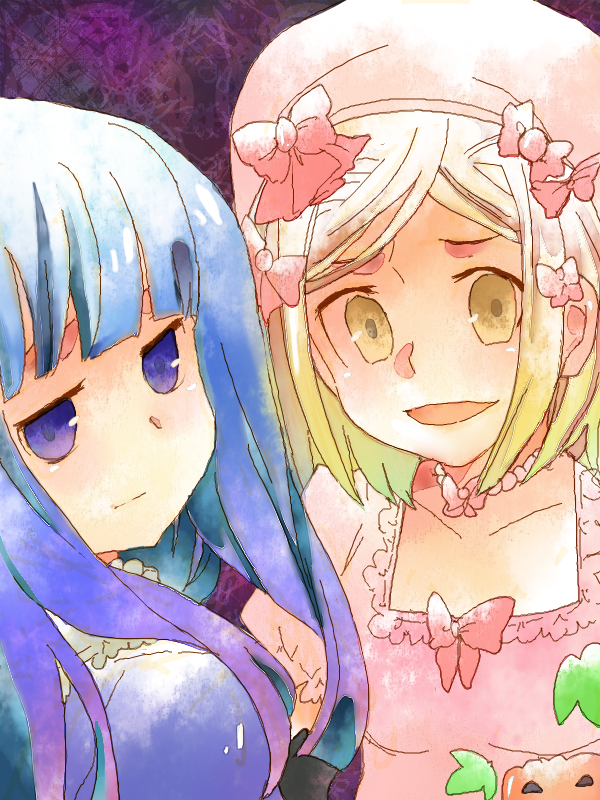 imai taki, frederica bernkastel, lambdadelta, umineko no naku koro ni, bad id, bad pixiv id, 00s, 2girls, blonde hair, blue eyes, blue hair, dress, hat, long hair, multiple girls, orange eyes, pink dress, pink hat, ribbon, short hair, smile