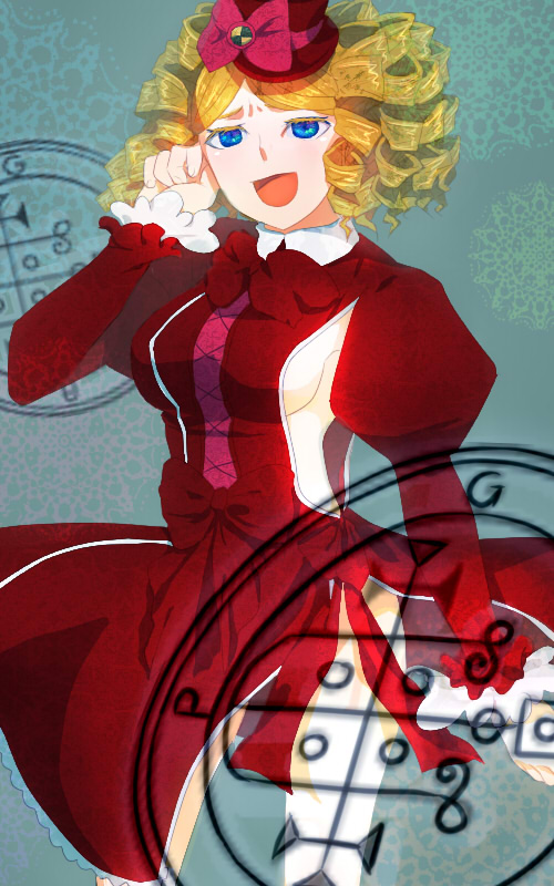 ta (gar), gaap (umineko), umineko no naku koro ni, bad id, bad pixiv id, 00s, 1girl, blonde hair, blue eyes, bow, breasts, dress, drill hair, female focus, frills, hat, large breasts, legs, ribbon, sideboob, solo, thighs