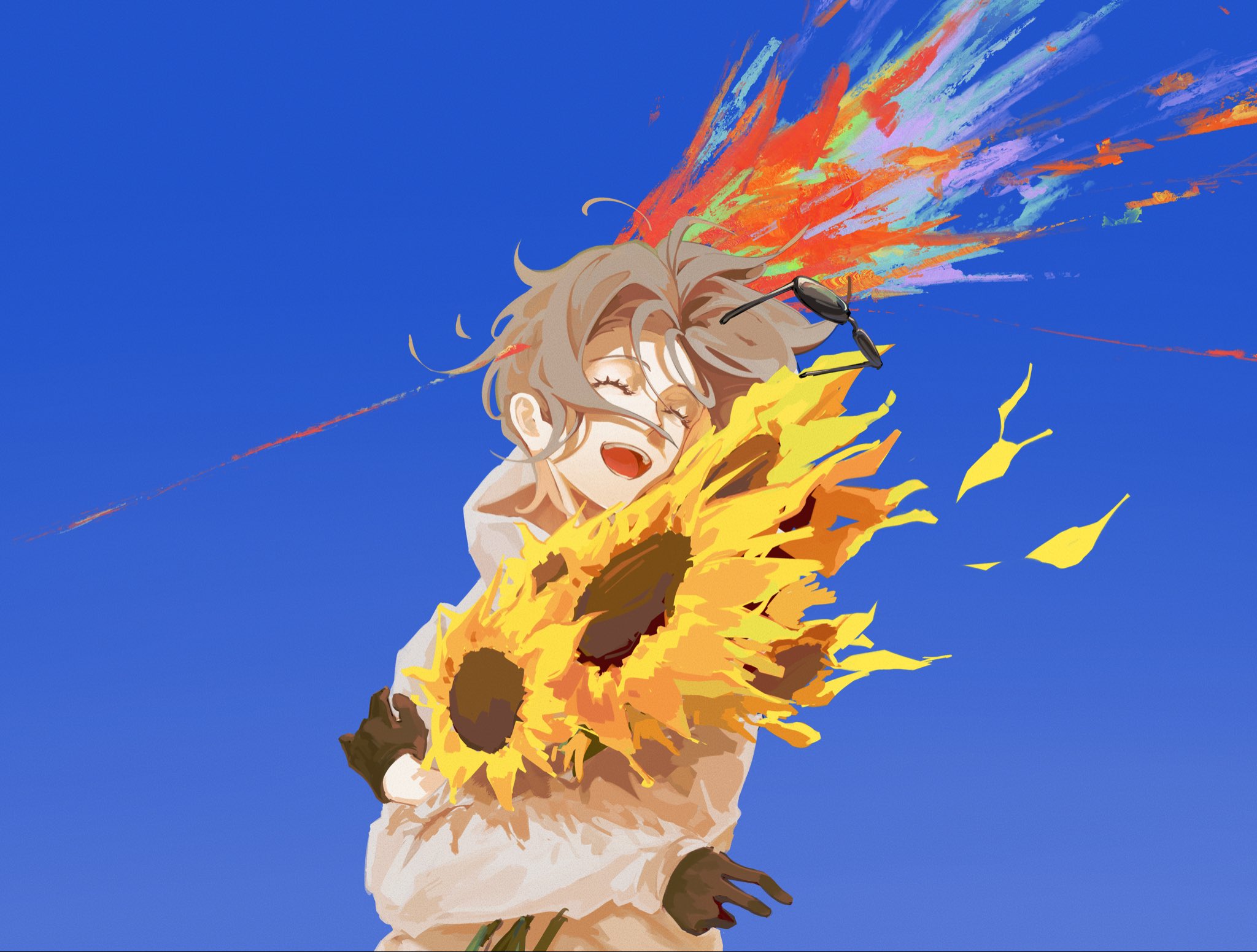 aotsuki eito, the hundred line -last defense academy-, highres, 1boy, aestro 111, black gloves, blue background, bouquet, brown hair, closed eyes, floating hair, flower, gloves, headshot, holding, holding bouquet, holding flower, injury, jacket, male focus, pale skin, petals, sunflower, sunglasses, white jacket