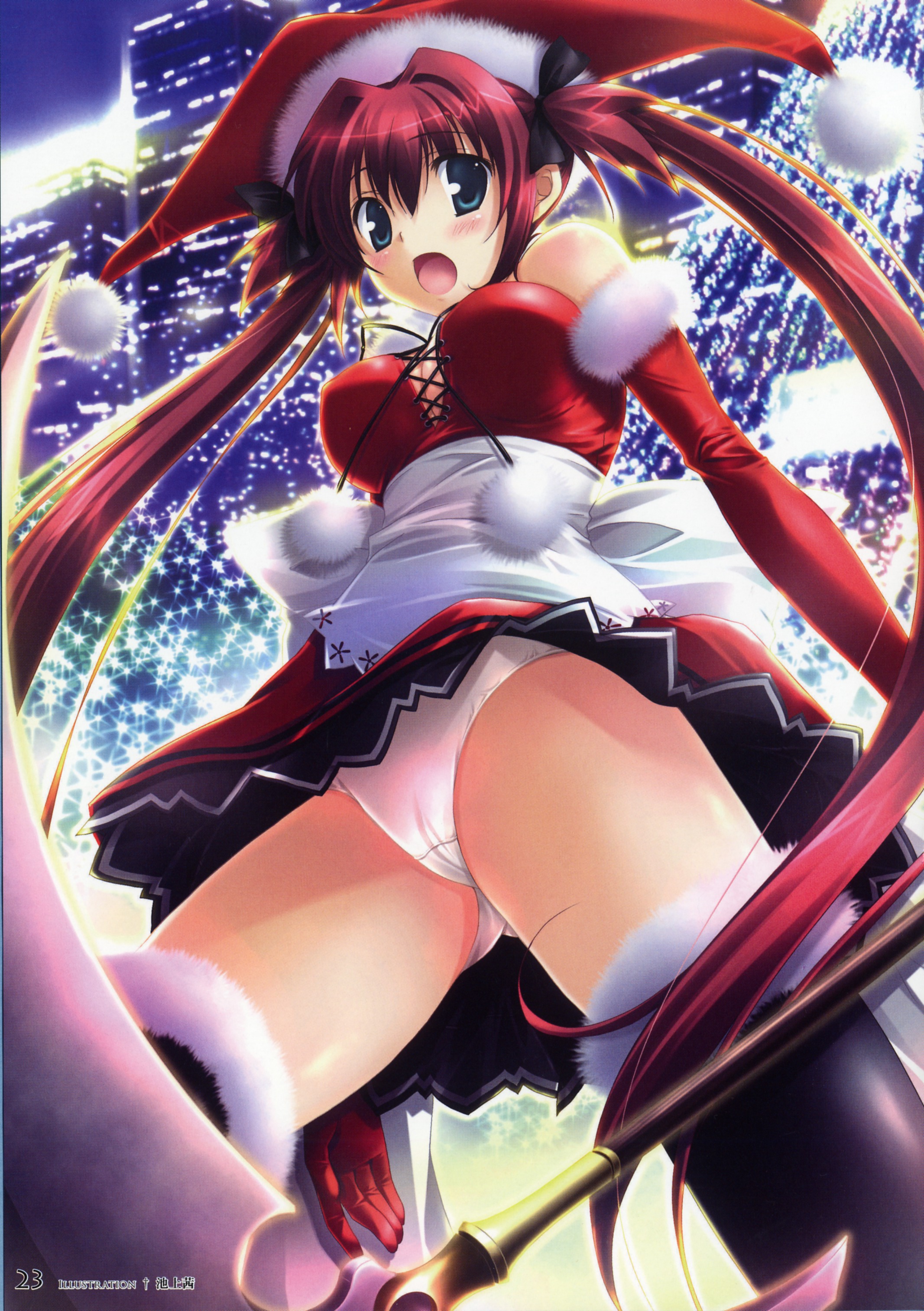 ikegami akane, airi (queen's blade), airi (the infernal temptress), queen's blade, absurdres, highres, 00s, blush, elbow gloves, gloves, hat, long hair, open mouth, panties, red hair, santa costume, solo, thighhighs, twintails, underwear, upskirt, white panties