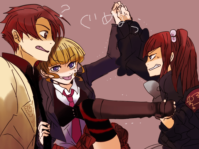 maroyan, beatrice (umineko), ushiromiya ange, ushiromiya battler, umineko no naku koro ni, bad id, bad pixiv id, 00s, 1boy, 2girls, armband, blonde hair, blue eyes, boots, brother and sister, hair bobbles, hair ornament, jacket, multiple girls, necktie, pink necktie, red hair, siblings, thighhighs