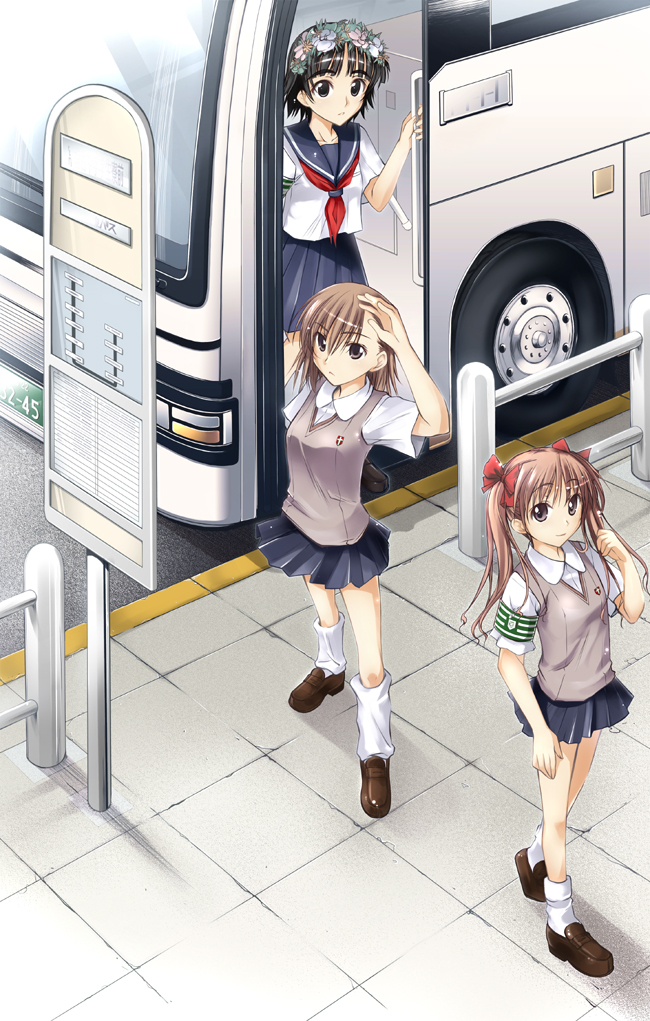 ayano naoto, misaka mikoto, shirai kuroko, uiharu kazari, toaru kagaku no railgun, toaru majutsu no index, vehicle, 00s, 3girls, black eyes, black hair, bow, brown eyes, bus, female focus, flower, from above, hair bow, hair ornament, head wreath, long hair, looking up, loose socks, miniskirt, motor vehicle, multiple girls, outdoors, pleated skirt, school uniform, serafuku, shoes, short hair, skirt, smile, socks, standing, sweater, sweater vest, twintails