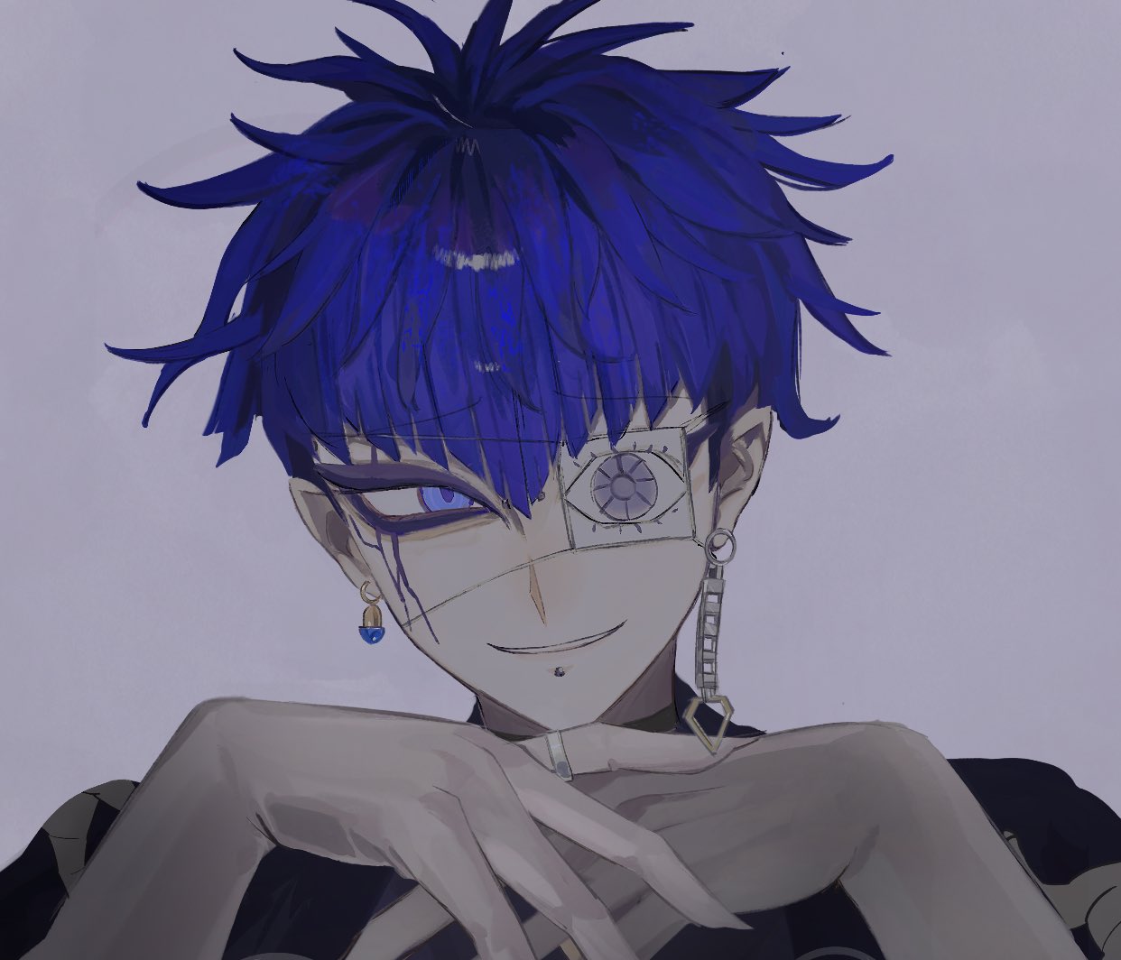 omokage yugamu, the hundred line -last defense academy-, 1boy, blue eyeliner, blue eyes, blue eyeshadow, blue hair, bridge piercing, claws, earrings, eyeliner, eyeshadow, face piercing, grey background, head tilt, hukasimoti, jewelry, lip piercing, looking to the side, makeup, male focus, mismatched earrings, own hands together, piercing, pointy ears, portrait, print eyepatch, ring, smile, solo, undercut, v-bangs