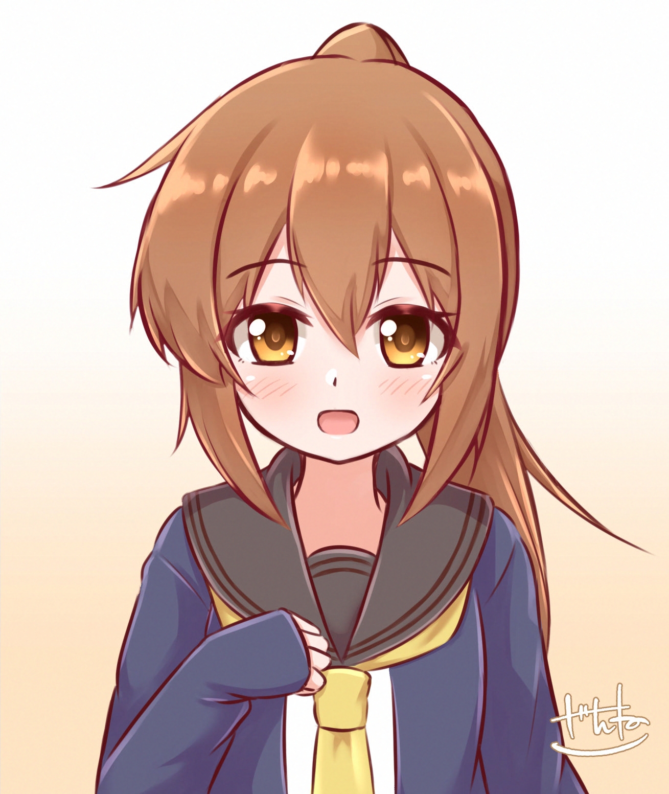 zanne, fumizuki (kancolle), fumizuki kai ni (kancolle), kantai collection, highres, 1girl, black sailor collar, blue jacket, brown eyes, brown hair, crescent, crescent pin, gradient background, jacket, neckerchief, one-hour drawing challenge, open clothes, open jacket, open mouth, orange background, ponytail, sailor collar, school uniform, serafuku, shirt, smile, solo, upper body, white background, white shirt, yellow neckerchief