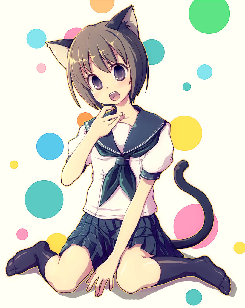 kimarin, animal ears, brown eyes, brown hair, cat ears, cat tail, feet, kneehighs, open mouth, school uniform, serafuku, short hair, sitting, socks, solo, tail