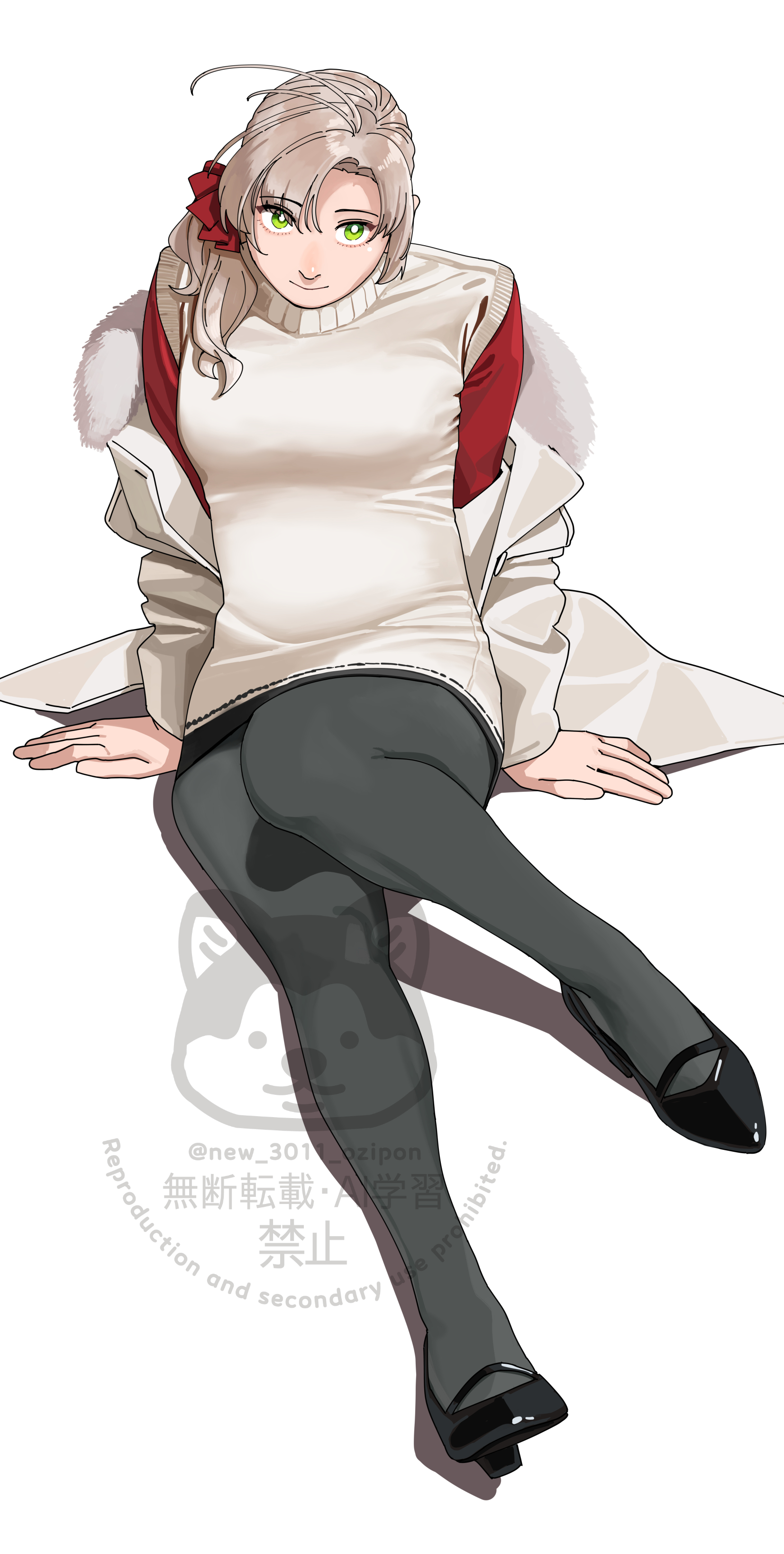 ojipon, kinugasa (kancolle), kinugasa kai ni (christmas) (kancolle), kantai collection, absurdres, highres, 1girl, antenna hair, blush, breasts, coat, dress, fur-trimmed coat, fur trim, green eyes, grey hair, grey pantyhose, hair over shoulder, long hair, looking at viewer, official alternate costume, pantyhose, sitting, smile, solo, sweater, white background, white coat, white dress, white sweater