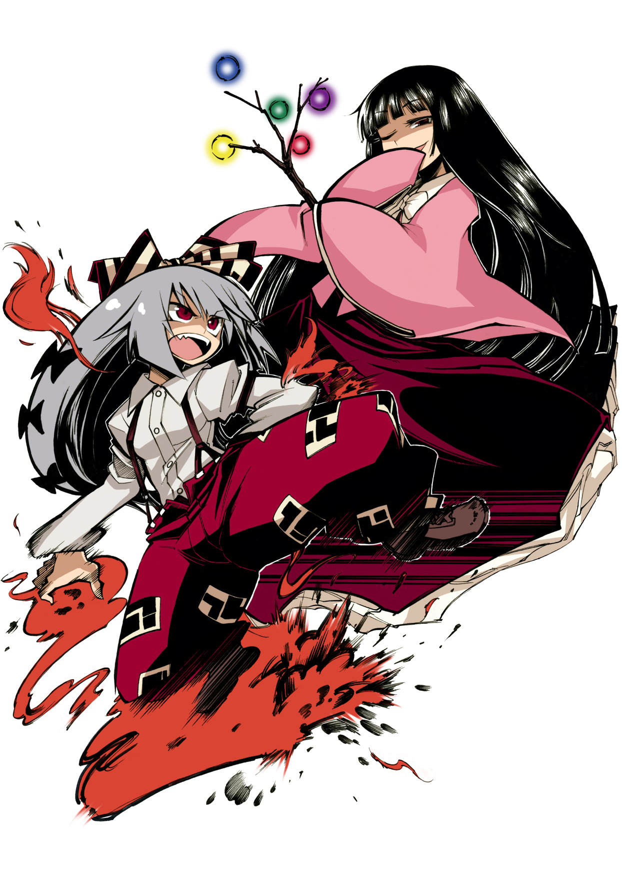 nada haruka, fujiwara no mokou, houraisan kaguya, touhou, colorized, highres, 2girls, battle, black hair, branch, brown eyes, female focus, fire, japanese clothes, jeweled branch of hourai, kicking, multiple girls, ojou-sama pose, red eyes, simple background, white hair