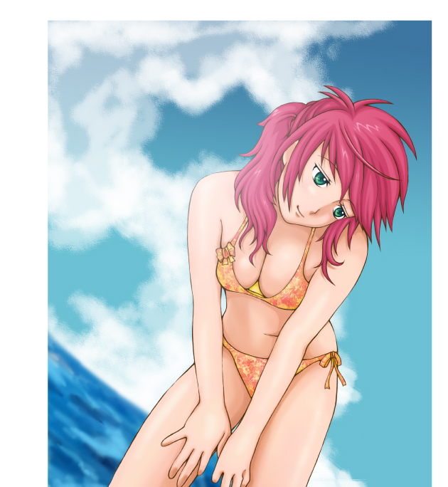 yumiyokiak, feldt grace, gundam, gundam 00, bad id, bad pixiv id, 00s, 1girl, bikini, breasts, cleavage, day, female focus, green eyes, large breasts, orange bikini, pink hair, side-tie bikini bottom, solo, swimsuit