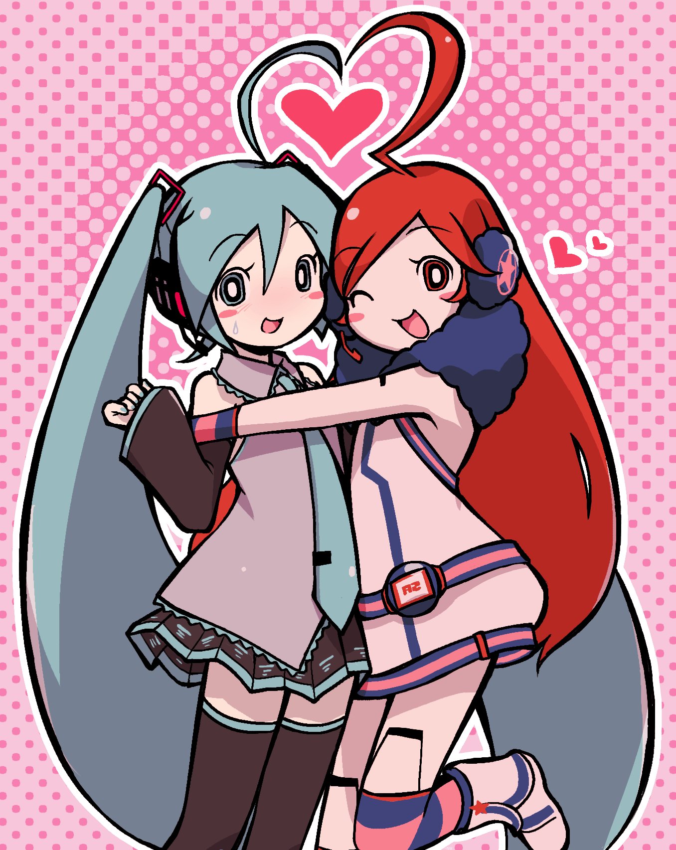 negiwave2000, hatsune miku, sf-a2 miki, vocaloid, highres, 2girls, ahoge, belt, blue eyes, blue hair, blush stickers, boots, collared shirt, detached sleeves, dress, fur collar, gloves, hair ornament, halftone, halftone background, headphones, headset, heart, heart ahoge duo, hug, joints, kneehighs, long hair, long sleeves, multiple girls, necktie, one eye closed, open mouth, outline, pink background, pleated skirt, red eyes, red hair, robot joints, shirt, skirt, sleeveless, sleeveless dress, sleeveless shirt, smile, socks, standing, standing on one leg, striped clothes, striped gloves, striped socks, sweat, thighhighs, very long hair, white outline
