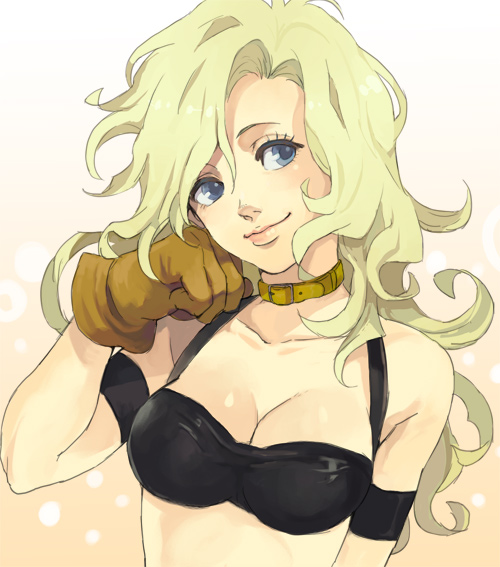 sumishuu, kiyoh bachika, tengen toppa gurren lagann, bad id, bad pixiv id, 00s, 1girl, blonde hair, blue eyes, breasts, brown gloves, choker, cleavage, collarbone, female focus, gloves, large breasts, lips, long hair, smile, solo, upper body, wavy hair