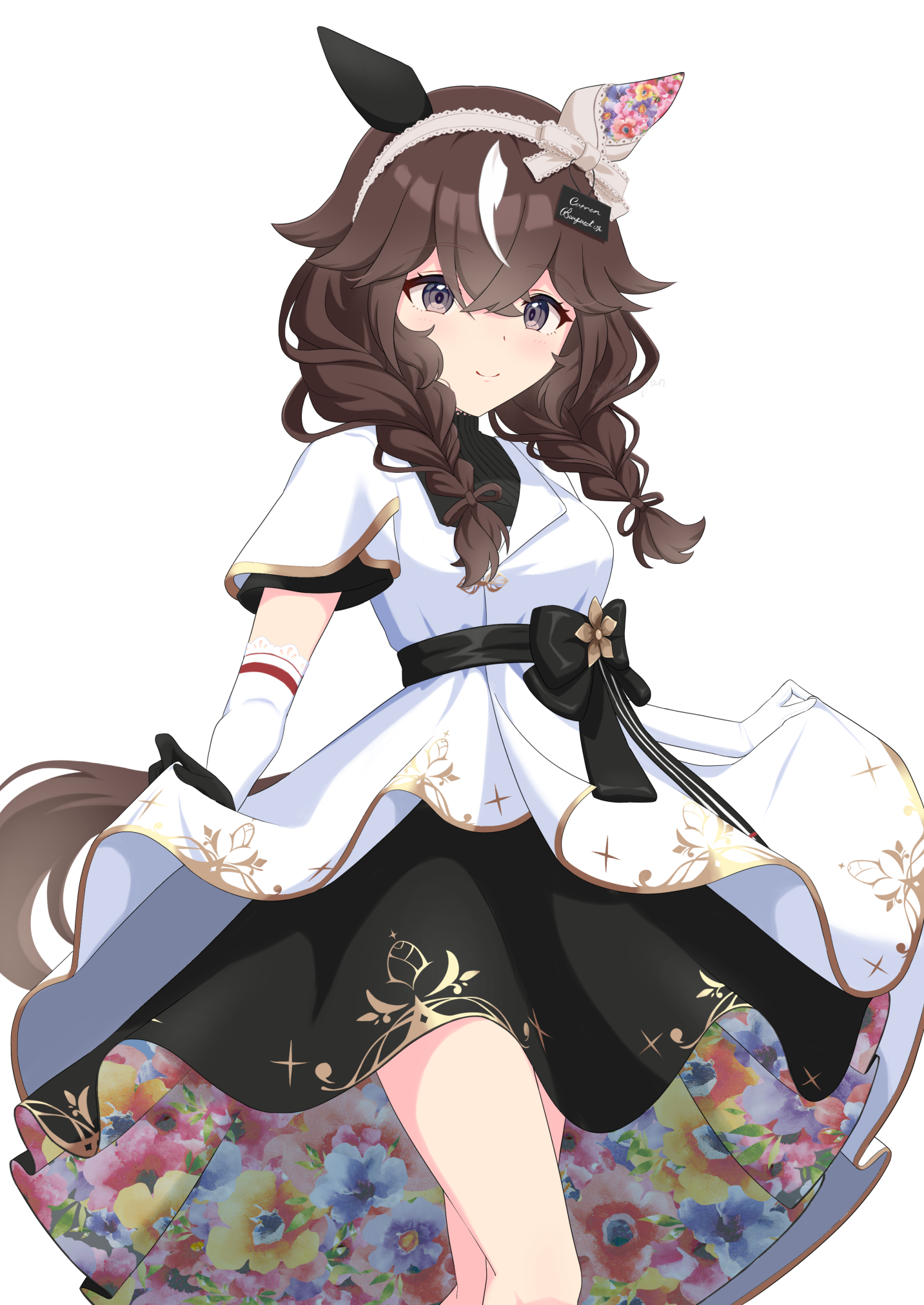 yukke jan, curren bouquetd'or (umamusume), umamusume, highres, 1girl, animal ears, braid, breasts, brown hair, closed mouth, dress, elbow gloves, gloves, hair ornament, hairband, horse ears, horse girl, horse tail, looking at viewer, low twin braids, small breasts, smile, solo, tail, twin braids, white background