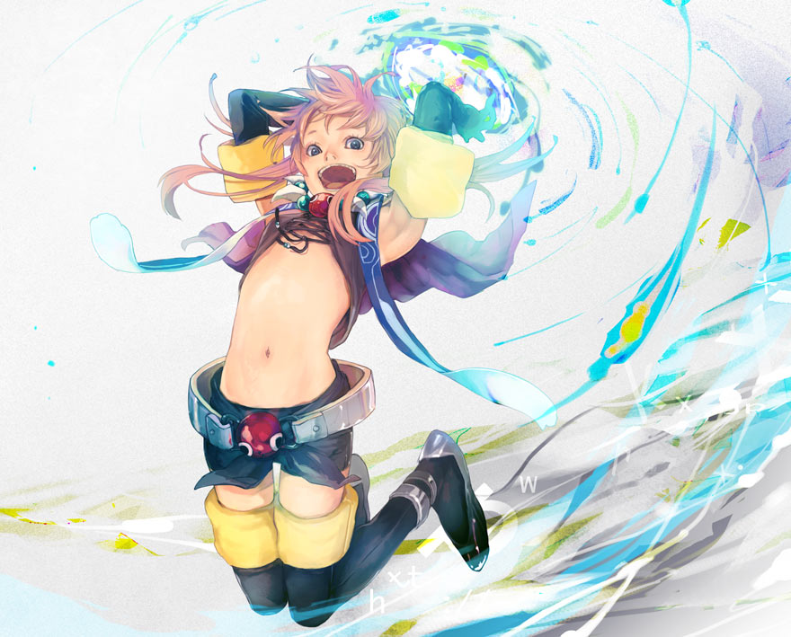 sumishuu, original, bad id, bad pixiv id, 1girl, armpits, blue eyes, colorful, detached sleeves, elbow gloves, female focus, gloves, midriff, navel, open mouth, pink hair, shorts, solo, thighhighs, zettai ryouiki
