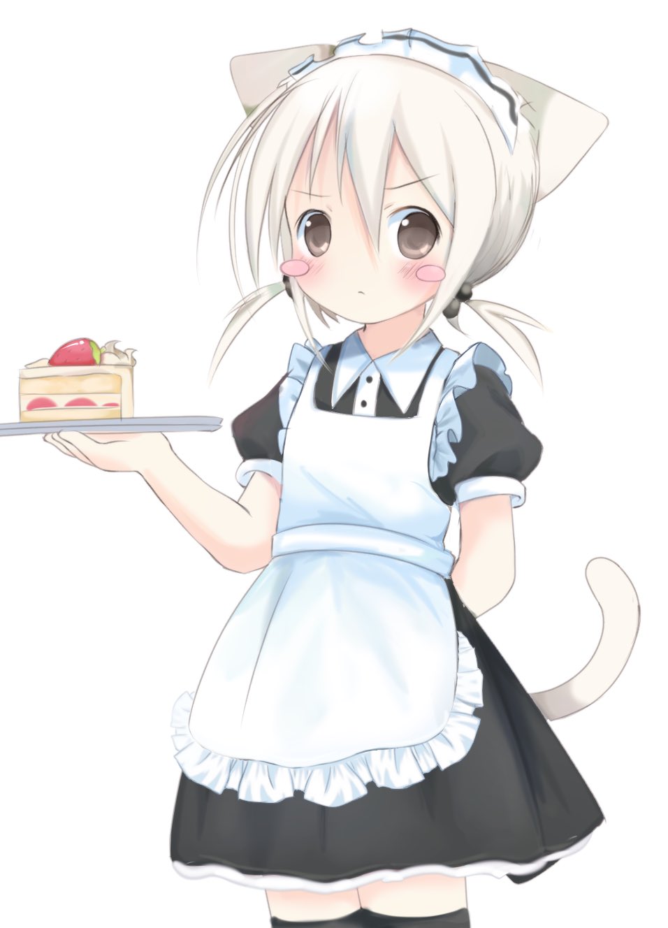 onlinepetclub, original, commentary, highres, symbol-only commentary, 1girl, apron, arm behind back, blush stickers, brown eyes, cake, cake slice, cat girl, cat tail, collared dress, cowboy shot, dress, food, frilled apron, frills, hair bobbles, hair ornament, holding, holding tray, low twintails, maid, maid headdress, nyanko (onlinepetclub), short sleeves, solo, strawberry shortcake, tail, thighhighs, tray, twintails, white hair