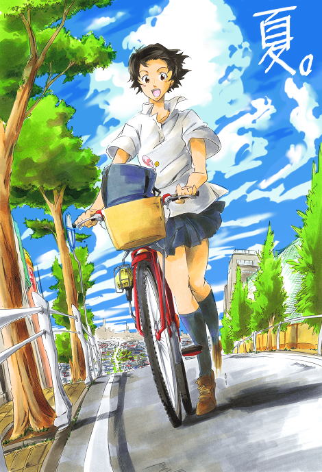 umanosuke, konno makoto, toki wo kakeru shoujo, translated, 00s, 1girl, :d, bag, basket, bicycle, black hair, black skirt, black socks, blouse, brown eyes, city, cloud, day, female focus, full body, kneehighs, loafers, looking at viewer, nature, open mouth, outdoors, pleated skirt, pushing bicycle, railing, road, school bag, school uniform, shirt, shoes, short hair, short sleeves, sign, skirt, sky, smile, socks, solo, street, tree, vanishing point, walking, white shirt, wind