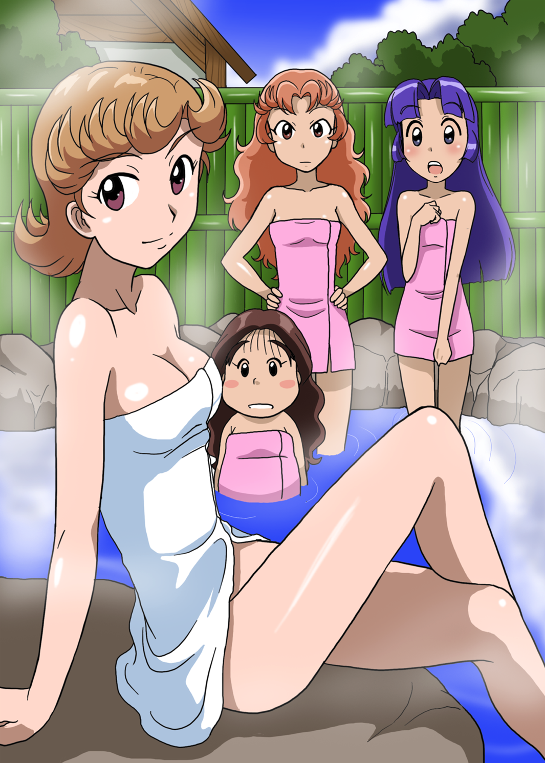 takaya n, shige (rakudai ninja rantarou), tomomi (rakudai ninja rantarou), yamamoto shina, yuki (rakudai ninja rantarou), rakudai ninja rantarou, highres, 4girls, bath, bathing, black eyes, blue eyes, blue hair, brown eyes, brown hair, multiple girls, naked towel, onsen, towel
