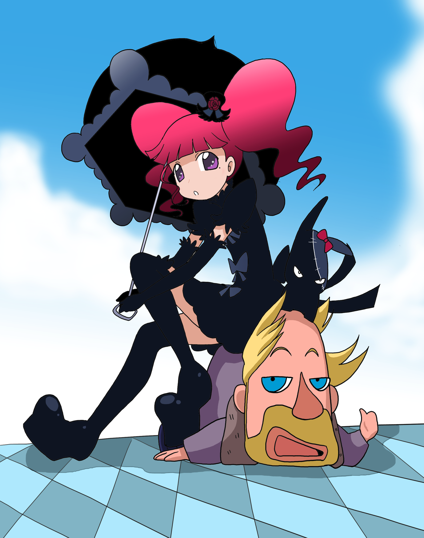 takaya n, galileo (marie & gali), marika (marie & gali), pet (marie & gali), marie & gali, highres, 00s, 1girl, dress, mole, mole under eye, pink hair, purple eyes, sitting, thighhighs