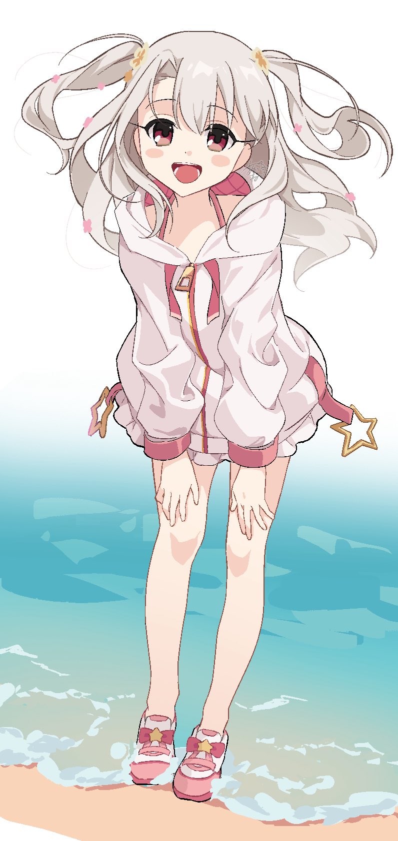 akaneko016, illyasviel von einzbern, fate/kaleid liner prisma illya, fate (series), aliasing, highres, 1girl, :d, bare legs, blush stickers, bow, curtained hair, drawstring, floating hair, flower hairpin, footwear bow, frilled jacket, frills, full body, gradient background, halterneck, hands on own knees, hood, hood down, hooded jacket, jacket, long eyelashes, long hair, long sleeves, looking at viewer, ocean, official alternate costume, official alternate hairstyle, open mouth, pink bow, pink shoes, red eyes, shoes, shore, signature, simple background, sleeve cuffs, smile, solo, standing, star (symbol), two side up, wading, white background, white hair, white jacket, zipper, zipper pull tab