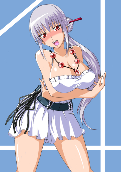 ikach, tsubomi fujiko, zettai karen children, breast hold, silver hair, 00s, 1girl, breast lift, breasts, cleavage, dress, female focus, huge breasts, jewelry, long hair, necklace, ponytail, red eyes, solo