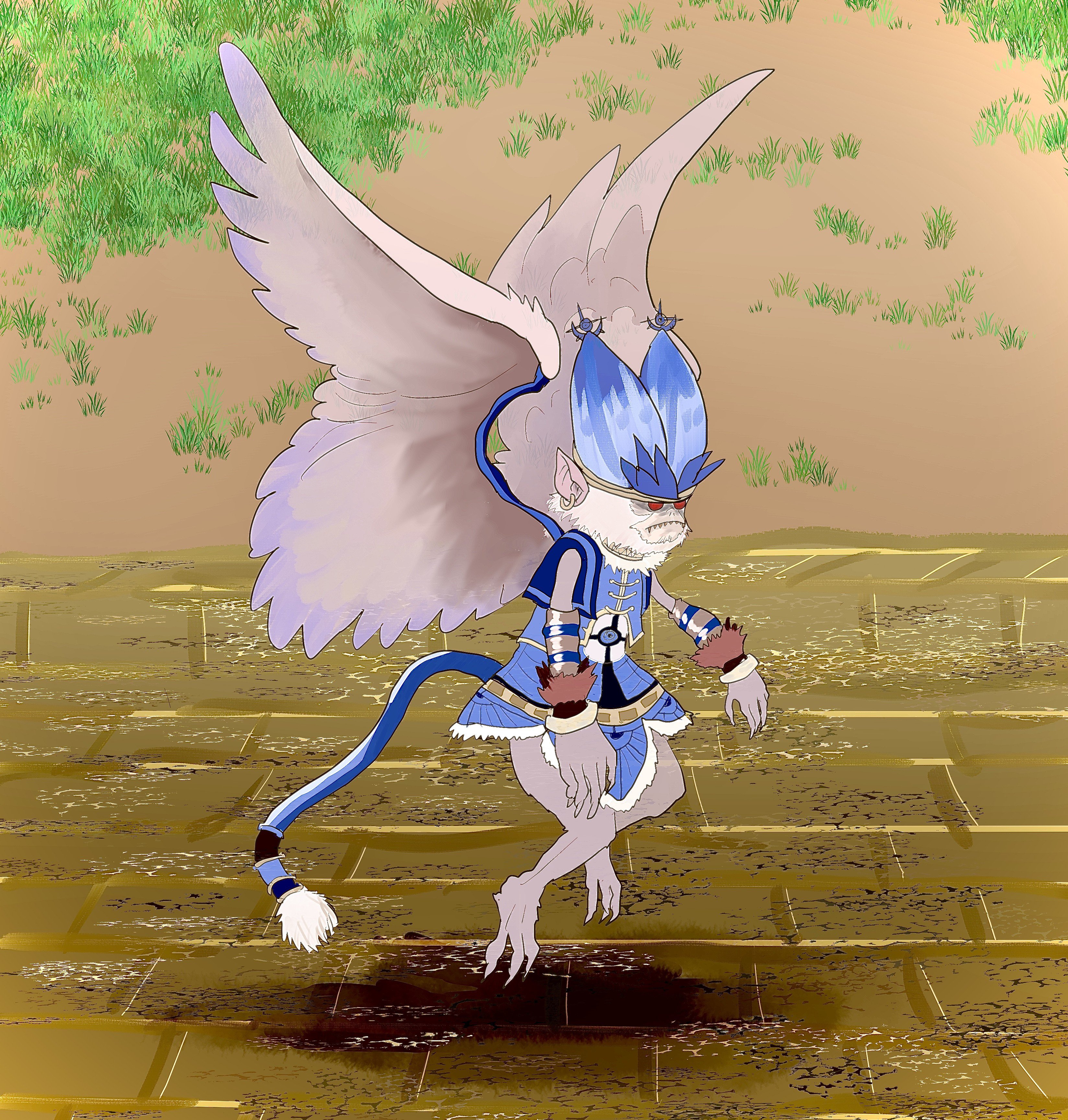 winged monkey (grimms notes), grimms notes, source request, barefoot, blue hat, closed mouth, cucumiscurvis, flying, full body, hat, monkey, monster, monster focus, red eyes, solo, tail, wings