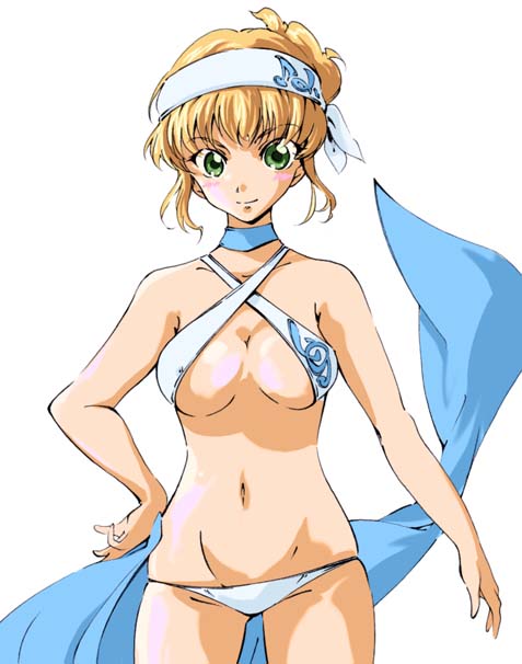 umanosuke, natalia luzu kimlasca lanvaldear, natalia luzu kimlasca lanvaldear (tropical butterfly), tales of (series), tales of the abyss, 00s, 1girl, bikini, blonde hair, breasts, choker, criss-cross halter, female focus, green eyes, groin, hairband, halterneck, headband, lowleg, lowleg bikini, medium breasts, navel, official alternate costume, pretzel bikini, short hair, solo, swimsuit, towel, white background, white bikini, white hairband