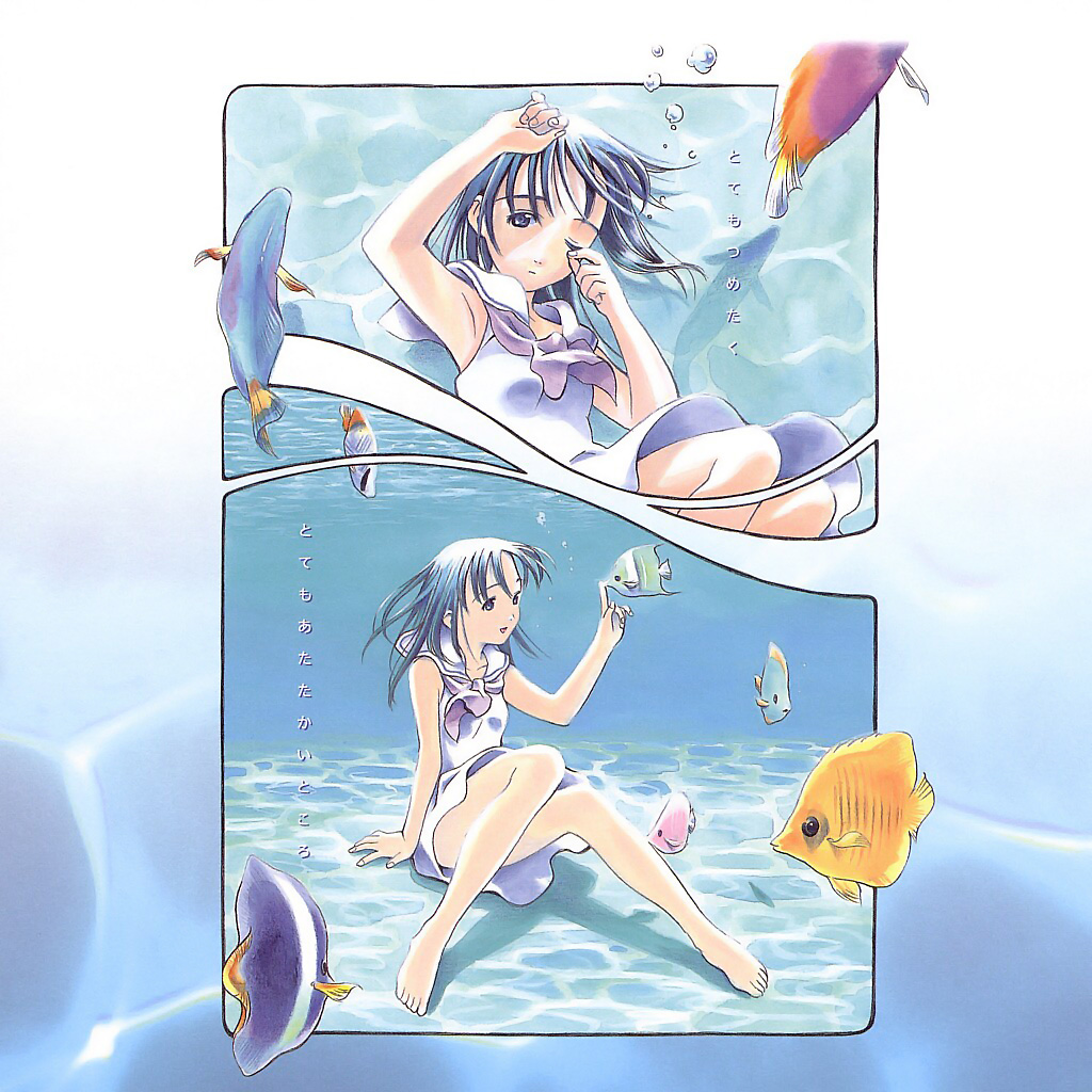 yug (ekaki), original, translated, barefoot, bubble, dress, feet, fish, one eye closed, school uniform, serafuku, surreal, underwater, water, wink