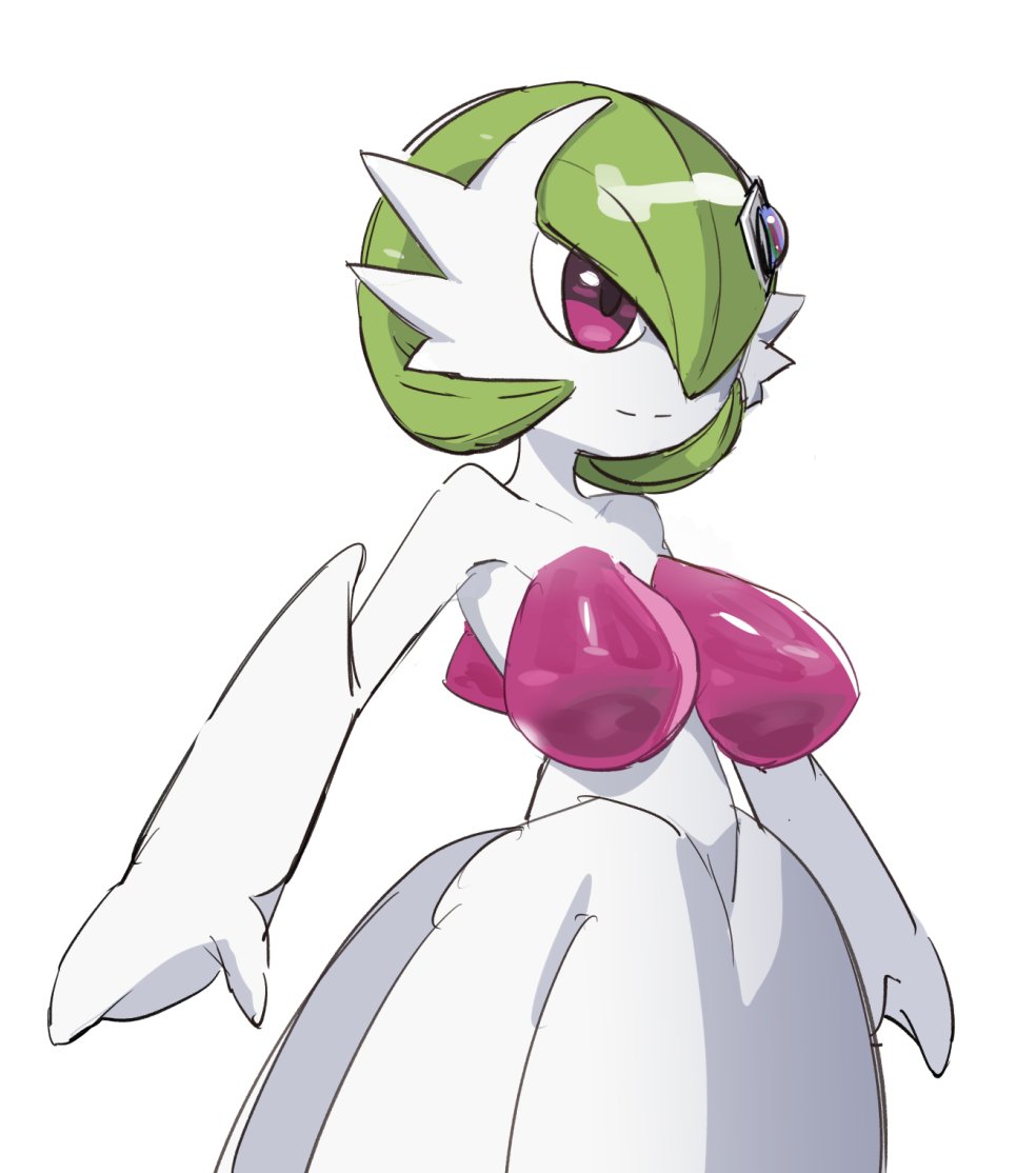 bow (bhp), gardevoir, mega gardevoir, nintendo, pokemon, pokemon (anime), poketoon, commentary, variant set, 1girl, 2025, bob cut, breasts, colored skin, covered erect nipples, dress, elbow gloves, female focus, gen 3 pokemon, gloves, green hair, hair over one eye, large breasts, mega pokemon, pokemon (creature), pokemon focus, red eyes, simple background, smile, solo, strapless, strapless dress, upper body, white background, white dress, white skin