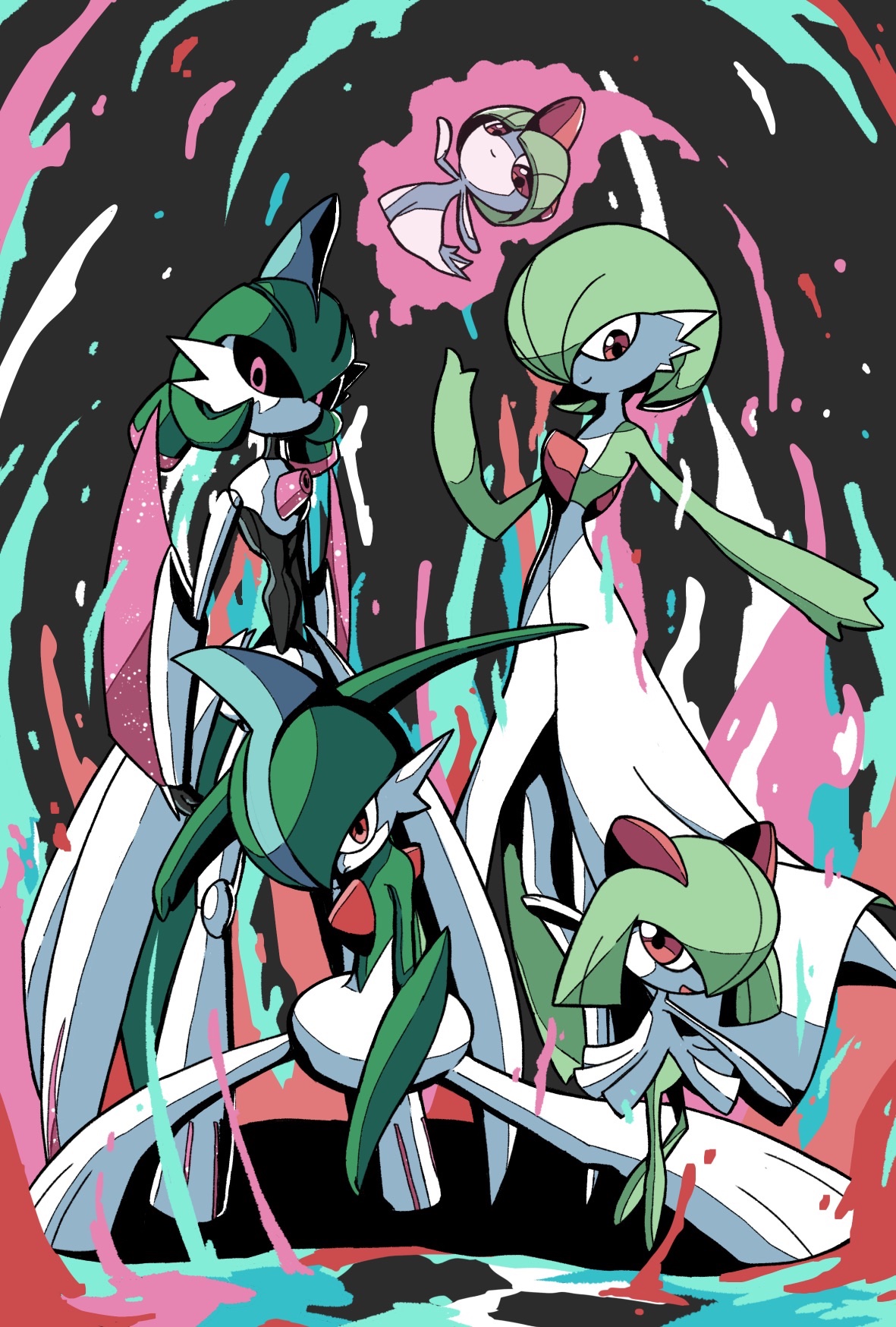 onigiri debu, gallade, gardevoir, iron valiant, kirlia, ralts, nintendo, pokemon, pokemon sv, commentary, highres, 1boy, 1girl, 2025, 3others, abstract background, arm blade, armor, black sclera, blue hair, bob cut, colored sclera, colored skin, dress, floating, full body, gen 3 pokemon, gen 4 pokemon, gen 9 pokemon, green hair, green skin, hair over one eye, hand up, happy, joints, looking at viewer, mohawk, multicolored hair, multicolored skin, multiple others, no mouth, one eye covered, open mouth, outline, pink eyes, pixel eyes, pokemon (creature), pokemon focus, red eyes, robot, robot joints, serious, short hair, smile, squatting, standing, sword, two-tone hair, two-tone skin, waist cape, weapon, white armor, white dress, white skin