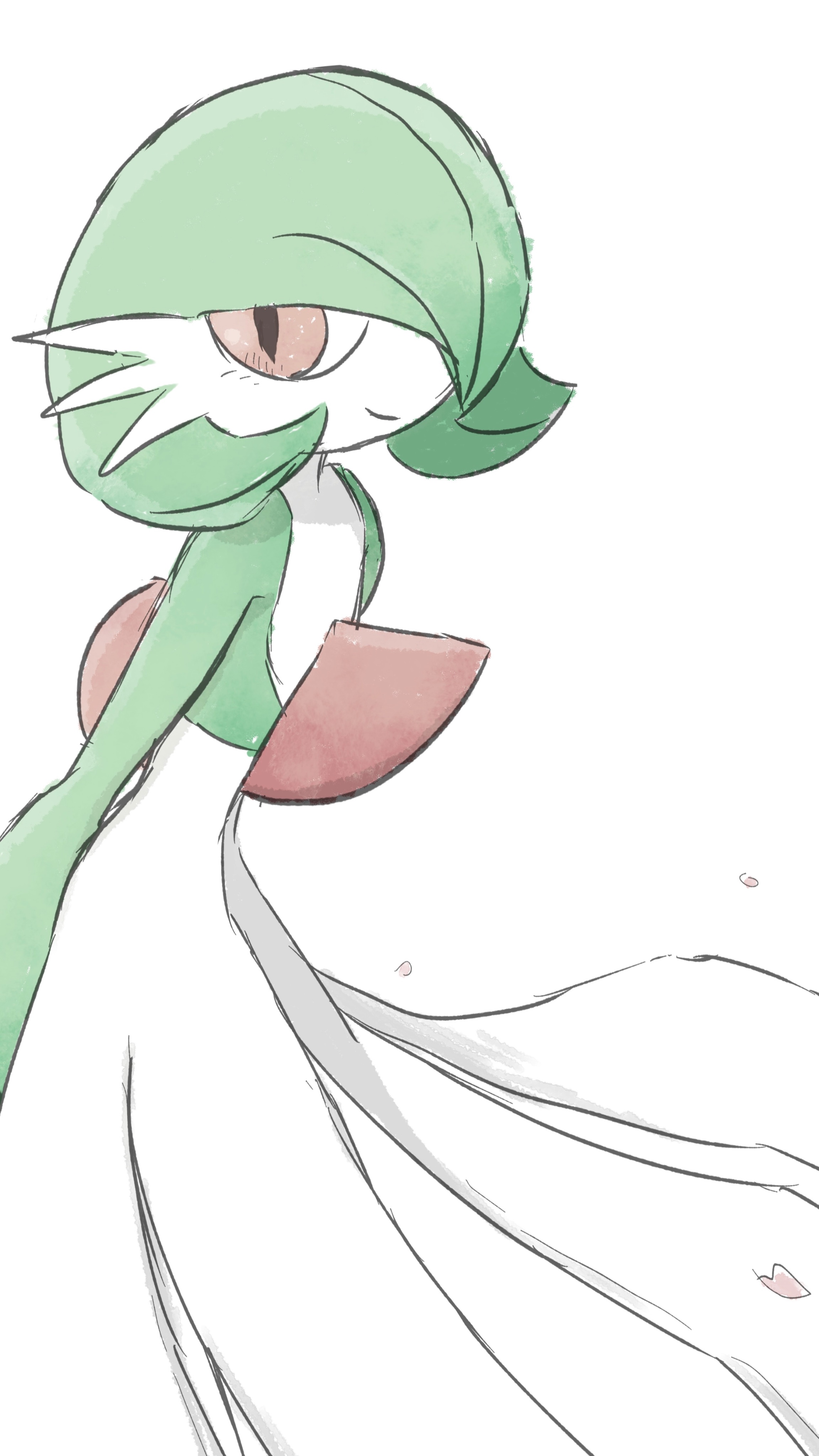 boroi byakko, gardevoir, nintendo, pokemon, absurdres, commentary, highres, 1other, 2025, bob cut, cherry blossoms, colored skin, dress, gen 3 pokemon, green hair, green skin, hair over one eye, leaning forward, multicolored skin, pokemon (creature), pokemon focus, red eyes, short hair, simple background, two-tone skin, white background, white dress, white skin