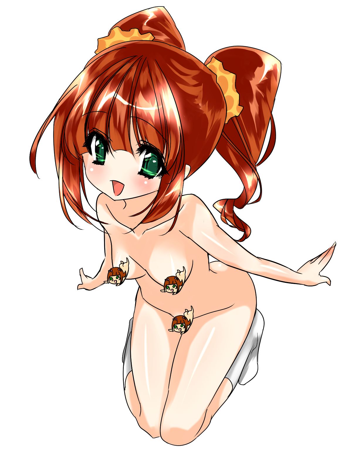 maetaku, nonowa, takatsuki yayoi, idolmaster, idolmaster (classic), eyebrows, highres, 00s, 1girl, censored, censored nipples, character censor, collarbone, female focus, green eyes, no nose, novelty censor, nude, open mouth, outstretched arms, red hair, socks, solo, spread arms, twintails