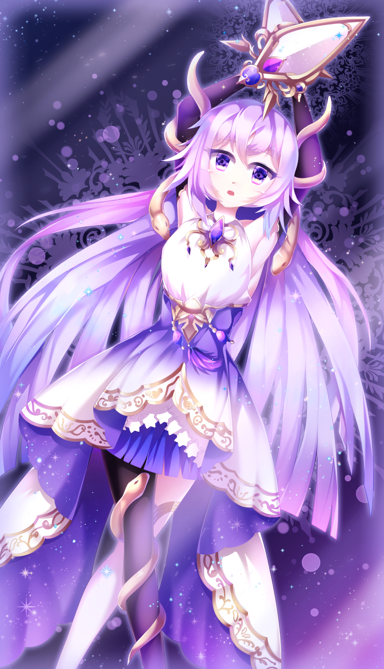y r sea, magic mirror (grimms notes), grimms notes, bad id, bad pixiv id, highres, 1girl, arms up, artistic error, asymmetrical legwear, blue skirt, mismatched legwear, parted lips, purple eyes, purple hair, skirt, solo