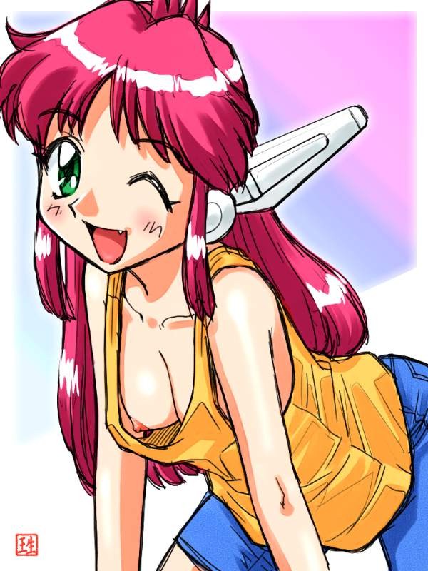 ikurumi kaoru, natsume atsuko, fugou keiji balance:unlimited, 1990s (style), 1girl, breasts, downblouse, fang, female focus, green eyes, medium breasts, nipple slip, nipples, one eye closed, open mouth, pink hair, retro artstyle, robot ears, solo, wink