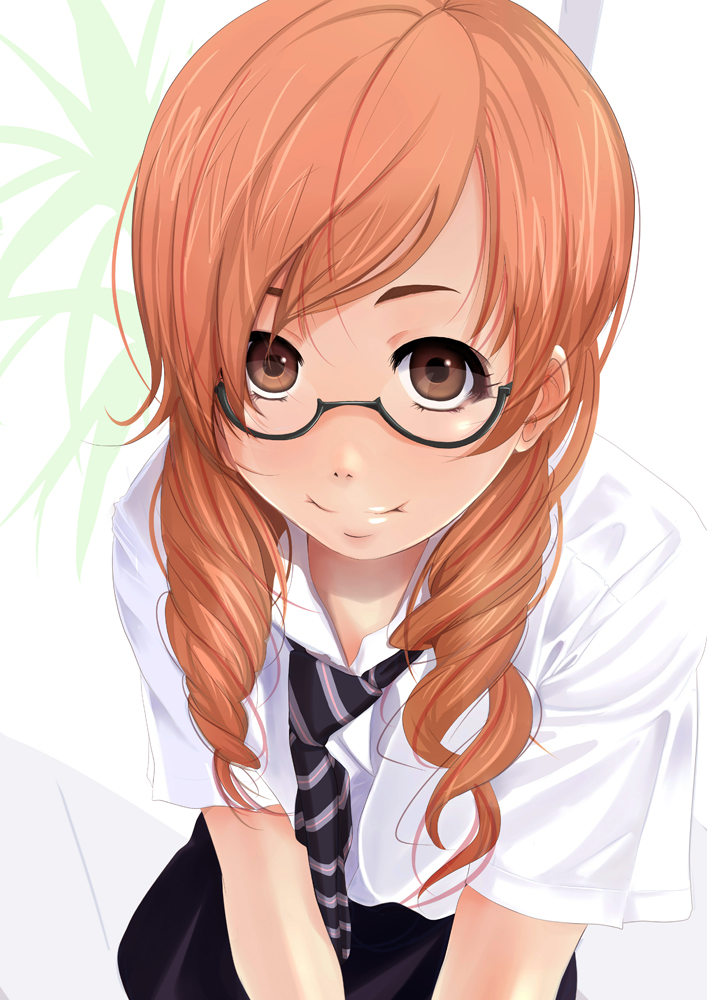 tsuka (blind side), original, 1girl, braid, brown eyes, close-up, drill hair, female focus, glasses, leaning forward, long hair, necktie, orange hair, red hair, school uniform, smile, solo, twin braids