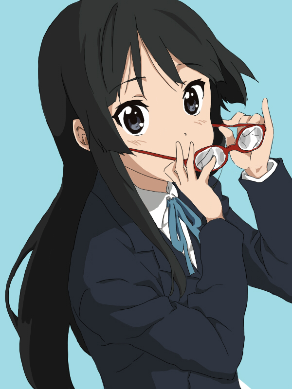e-n, akiyama mio, k-on!, bad id, bad pixiv id, 00s, 1girl, adjusting eyewear, black hair, female focus, glasses, hime cut, long hair, school uniform, simple background, solo