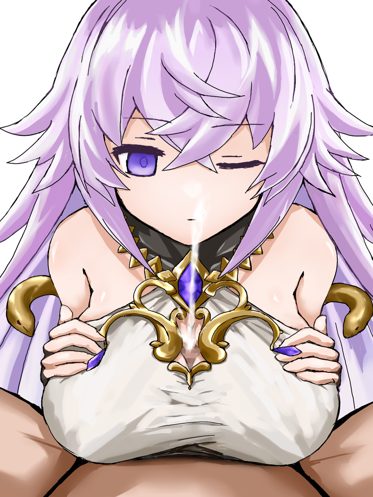 pompurinpurin, magic mirror (grimms notes), grimms notes, highres, 1boy, 1girl, breasts, censored, cleavage cutout, clothing cutout, emotionless sex, empty eyes, expressionless, grabbing own breast, hetero, huge breasts, long hair, mosaic censoring, paizuri, paizuri under clothes, penis, pov, pov crotch, purple eyes, purple hair, simple background, solo focus, white background