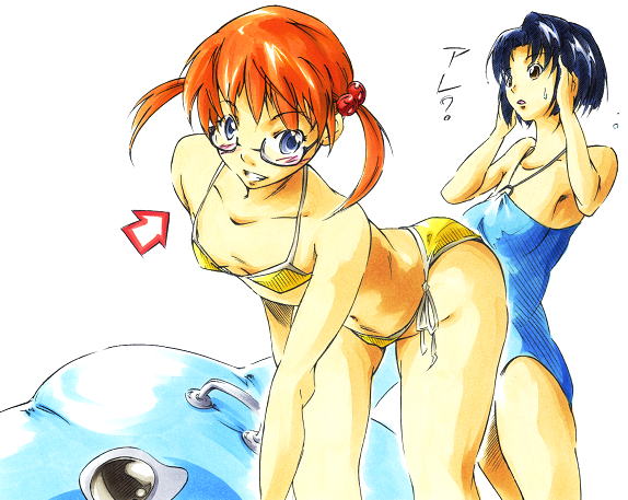 umanosuke, original, 2girls, bikini, blue eyes, blue hair, brown eyes, glasses, multiple girls, orange hair, side-tie bikini bottom, swimsuit