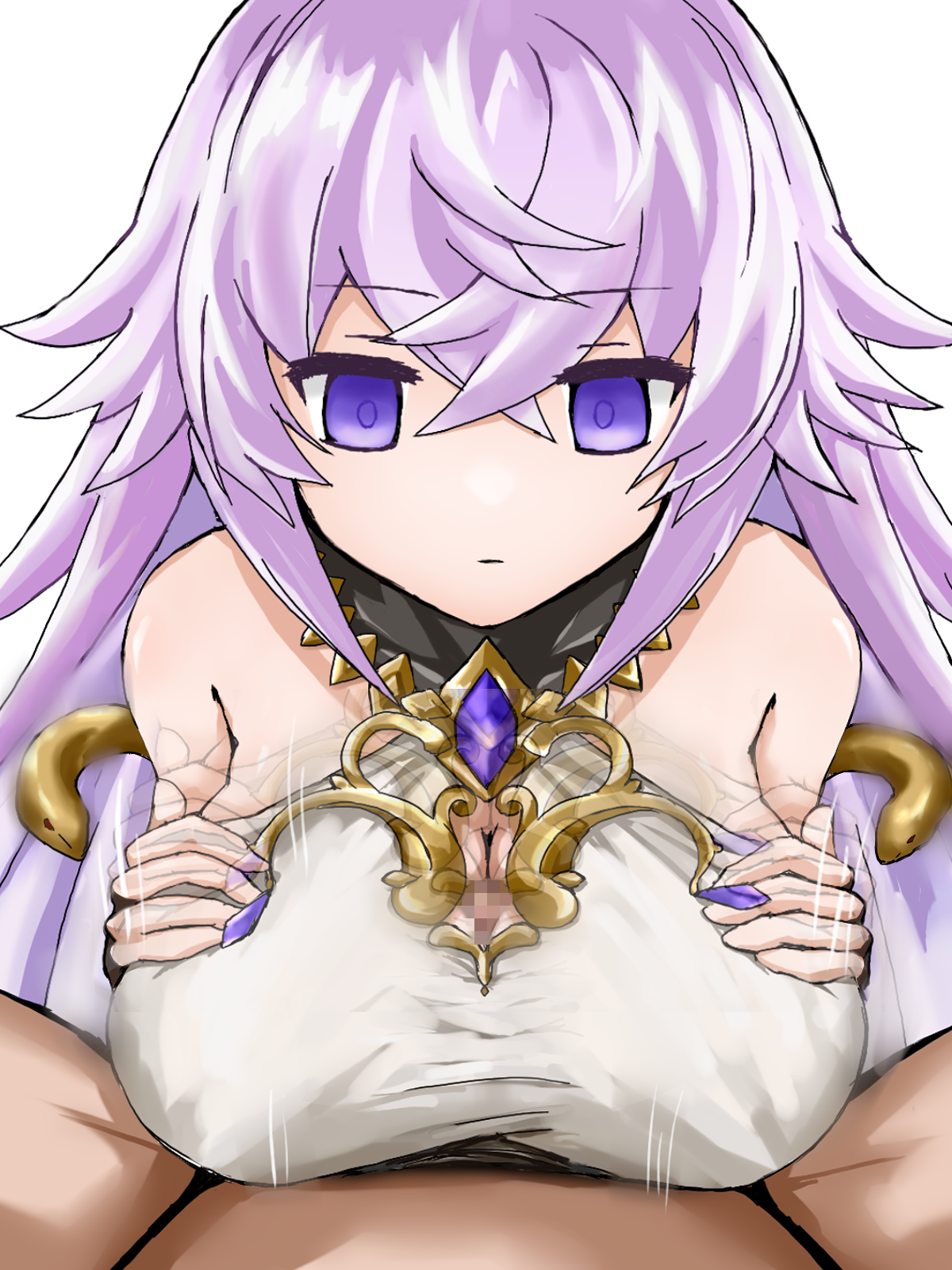 pompurinpurin, magic mirror (grimms notes), grimms notes, highres, 1boy, 1girl, breasts, censored, cleavage cutout, clothing cutout, emotionless sex, empty eyes, expressionless, grabbing own breast, hetero, huge breasts, long hair, mosaic censoring, paizuri, paizuri under clothes, penis, pov, pov crotch, purple eyes, purple hair, simple background, solo focus, white background