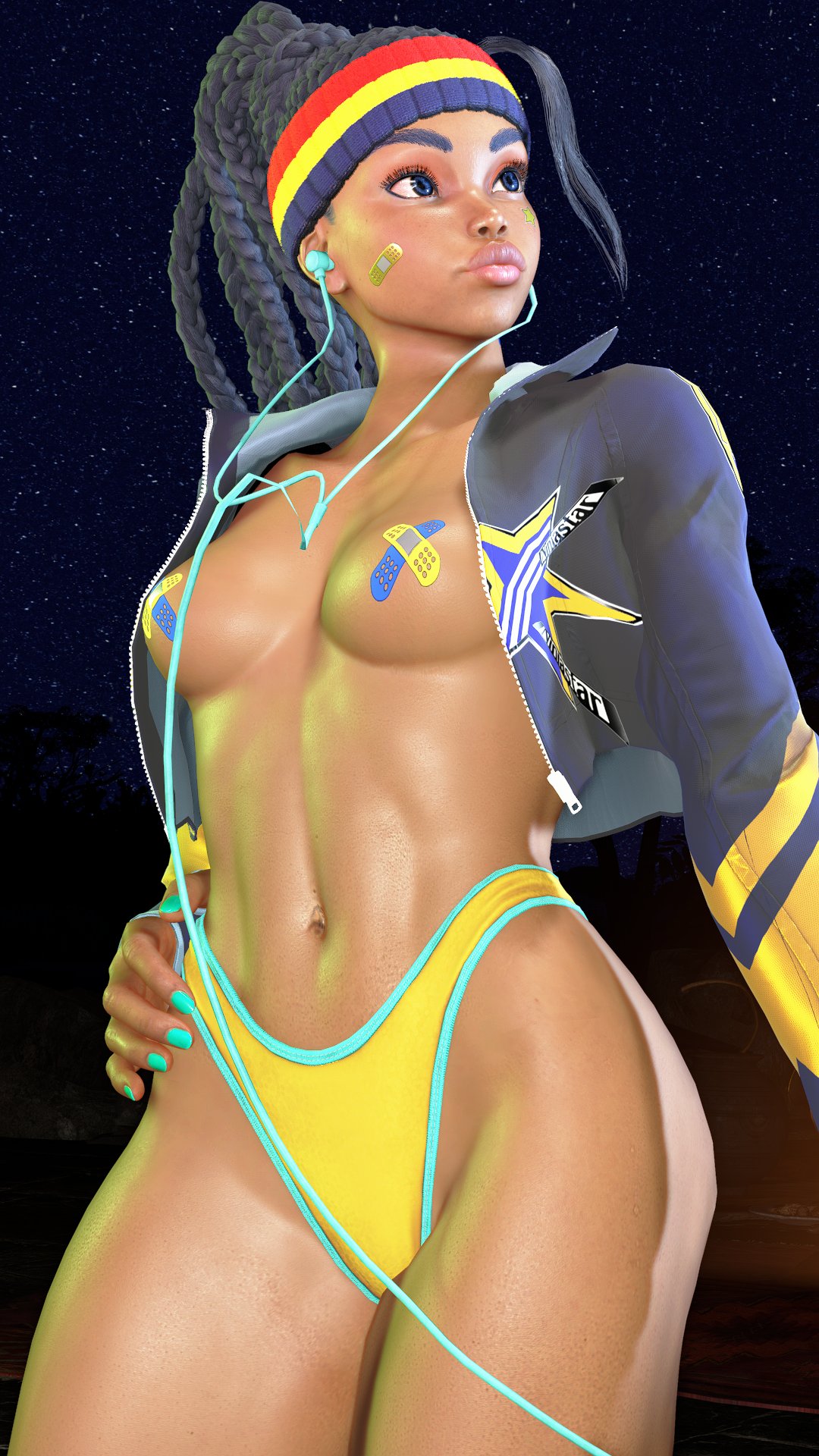 kimberly jackson, street fighter, street fighter 6, highres, third-party edit, 1girl, 3d, alternate costume, aqua hair, arms up, bikini, black hair, braid, breasts, cleavage, curvy, dark-skinned female, dark skin, dreadlocks, highleg, highleg bikini, jacket, long hair, multicolored hair, official alternate costume, open clothes, open jacket, parted lips, pasties, ryona, shiny skin, smile, solo, standing, swimsuit, thong, thong bikini, topless female, wide hips, yellow bikini
