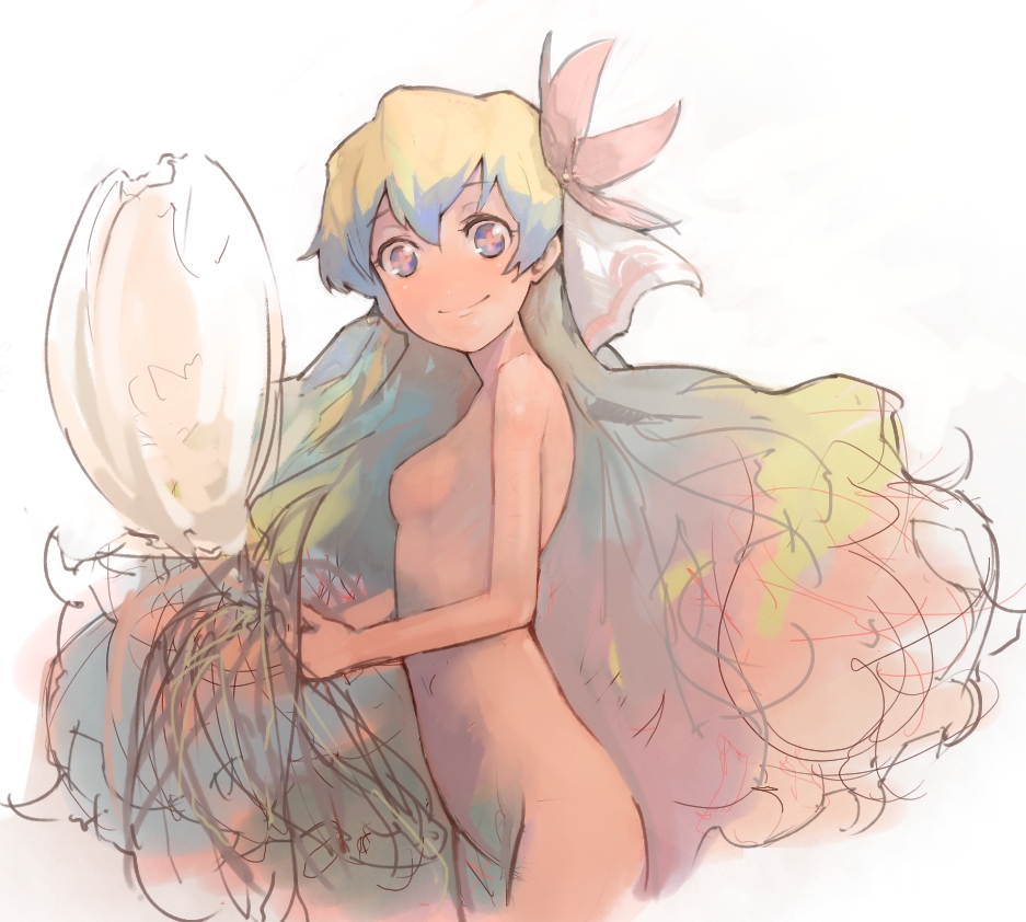 guitar (guitars), nia teppelin, tengen toppa gurren lagann, + +, 00s, 1girl, completely nude, cross-shaped pupils, female focus, flat chest, flower, long hair, multicolored hair, nude, smile, solo, symbol-shaped pupils