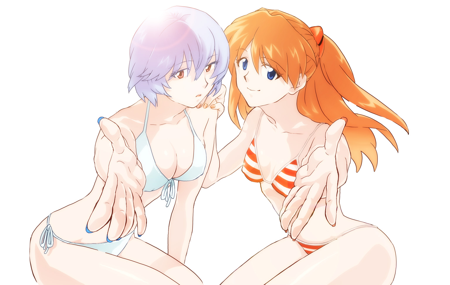 yumiya, ayanami rei, souryuu asuka langley, neon genesis evangelion, bad id, bad pixiv id, 2girls, bare shoulders, bikini, blue nails, front-tie top, lens flare, multiple girls, nail polish, orange nails, side-tie bikini bottom, string bikini, swimsuit