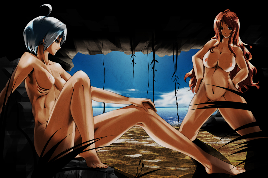 bowalia, bad id, bad pixiv id, 2girls, ahoge, barefoot, breasts, cave, censored, convenient censoring, feet, large breasts, legs, multiple girls, nipples, nude, ocean, plant, sky, vines