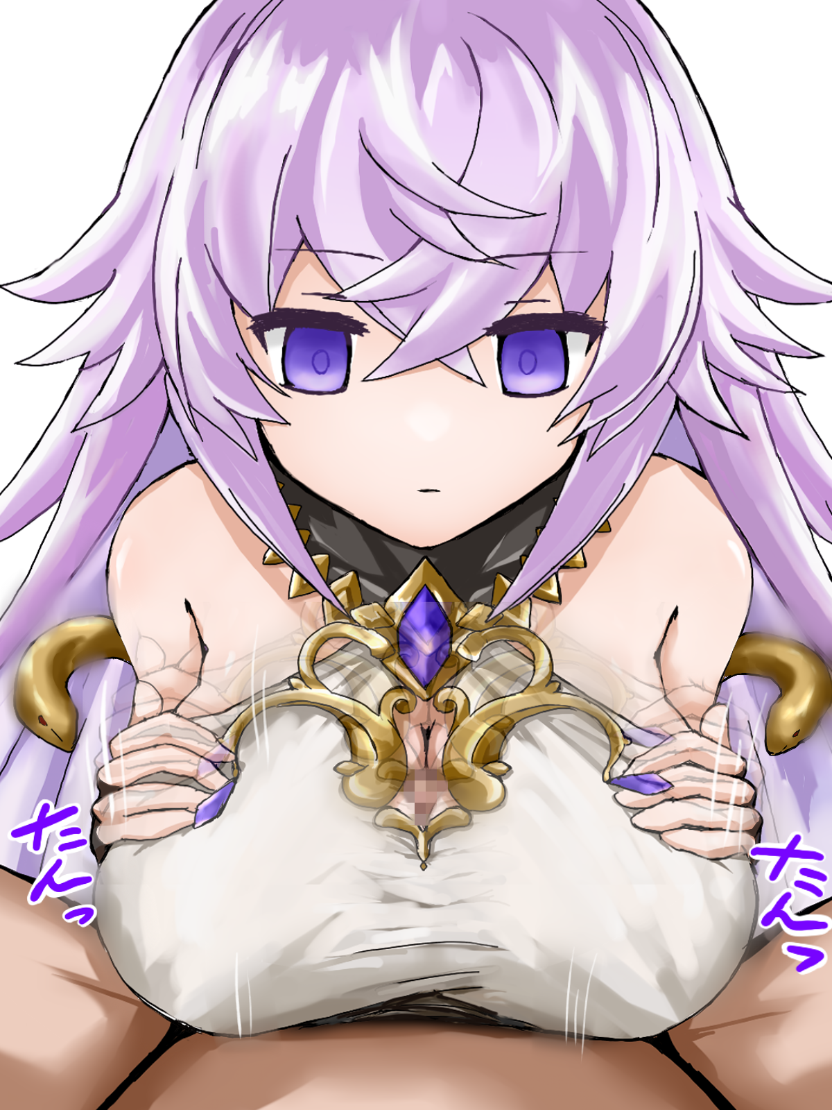 pompurinpurin, magic mirror (grimms notes), grimms notes, highres, 1boy, 1girl, breasts, censored, cleavage cutout, clothing cutout, emotionless sex, empty eyes, expressionless, grabbing own breast, hetero, huge breasts, long hair, mosaic censoring, paizuri, paizuri under clothes, penis, pov, pov crotch, purple eyes, purple hair, simple background, solo focus, white background