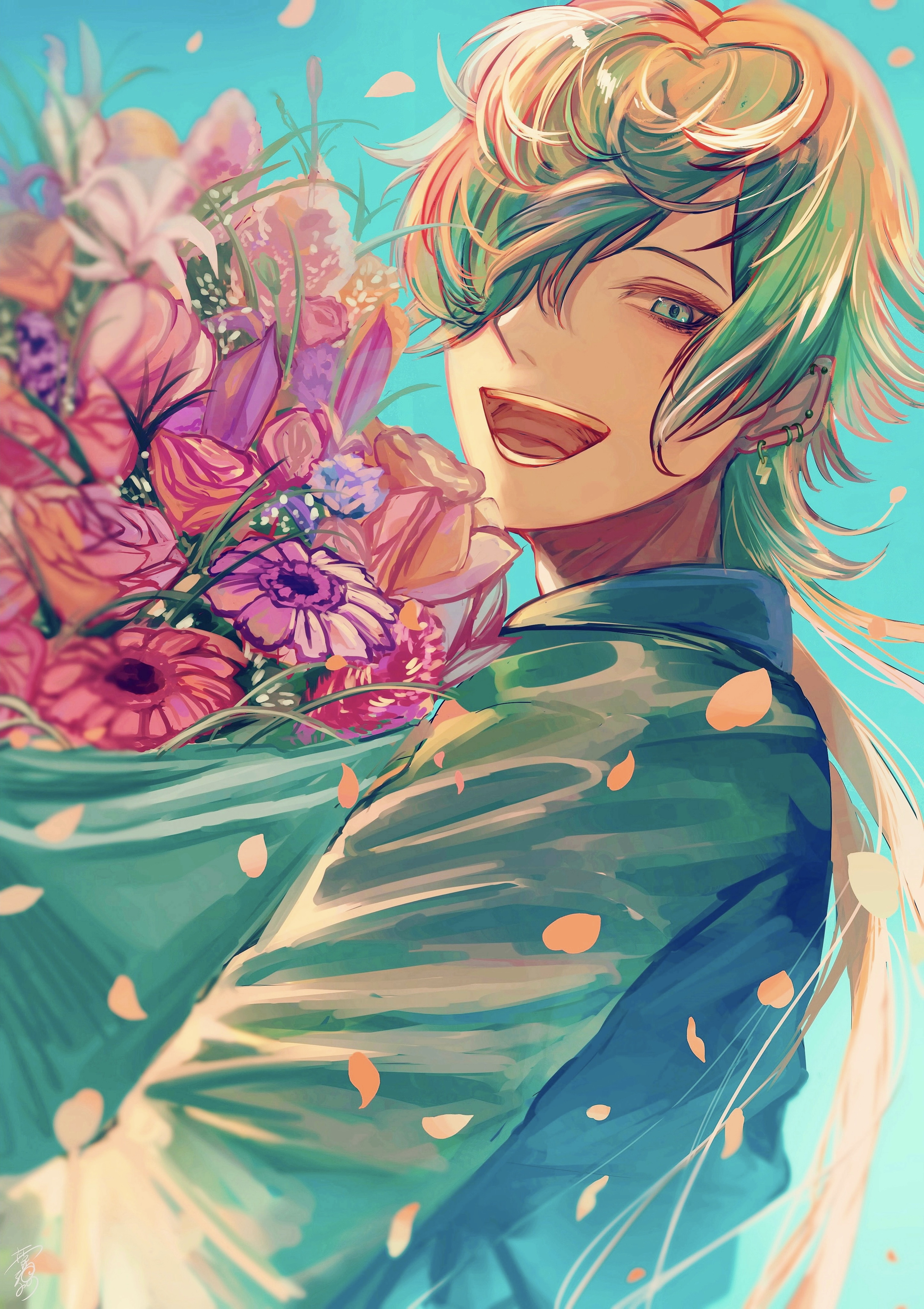 takai misa, aimono jyushi, hypnosis mic, absurdres, highres, 1boy, :d, blonde hair, blue background, blue eyes, blue shirt, bouquet, ear piercing, earrings, falling petals, flower, hair over one eye, holding, holding bouquet, jewelry, long hair, looking at viewer, male focus, open mouth, petals, piercing, shirt, smile, solo, upper body