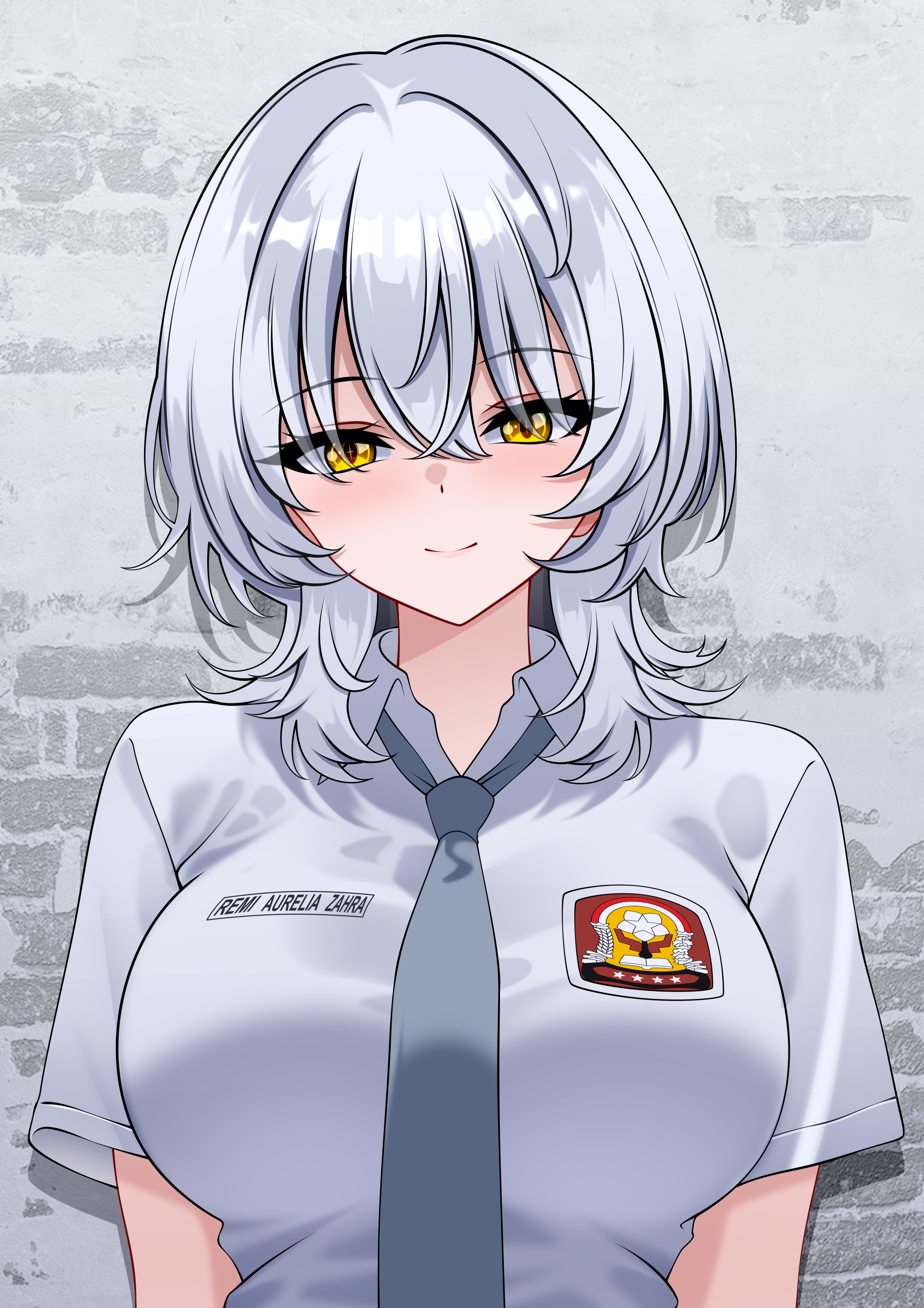 aldided, original, absurdres, commentary, english commentary, highres, 1girl, blush, breasts, closed mouth, collared shirt, grey hair, grey necktie, indonesian high school uniform, large breasts, looking at viewer, name tag, necktie, school uniform, shirt, short hair, short sleeves, smile, solo, white shirt, wolf cut, yellow eyes