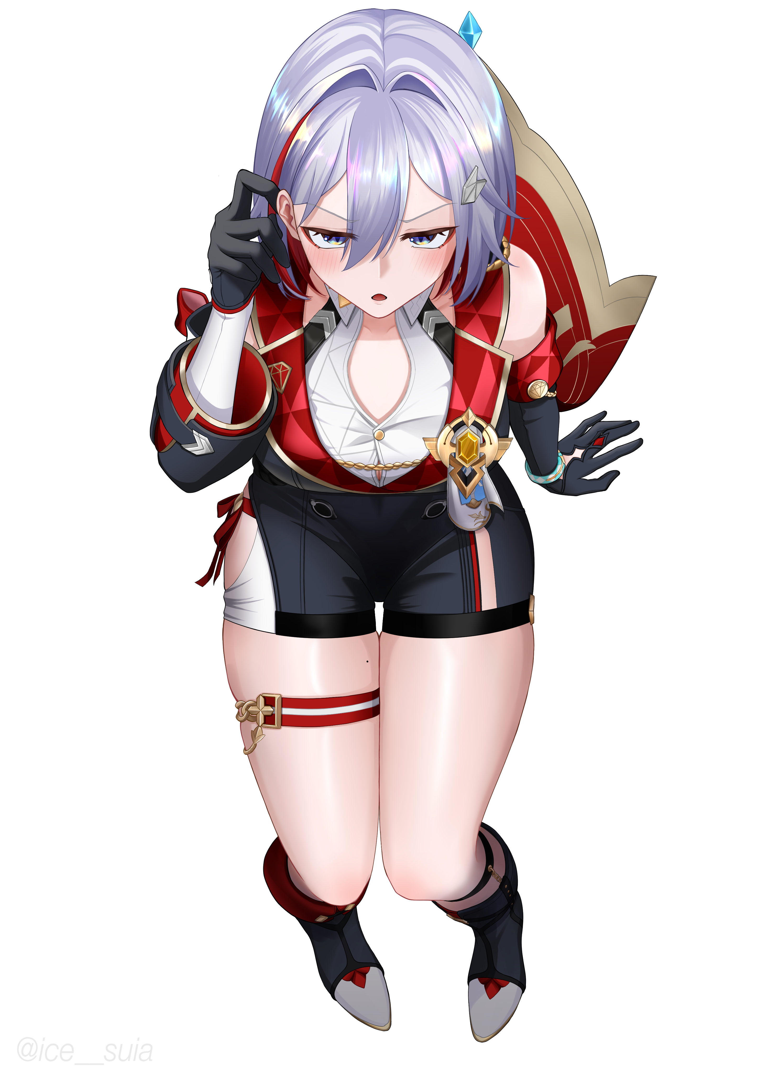 topaz (honkai: star rail), honkai: star rail, honkai (series), absurdres, commentary, highres, 1girl, bare shoulders, black boots, black gloves, blue eyes, blush, boots, breasts, detached sleeves, elbow gloves, gloves, ice suia, large breasts, looking at viewer, looking up, multicolored hair, red hair, short hair, solo, white hair
