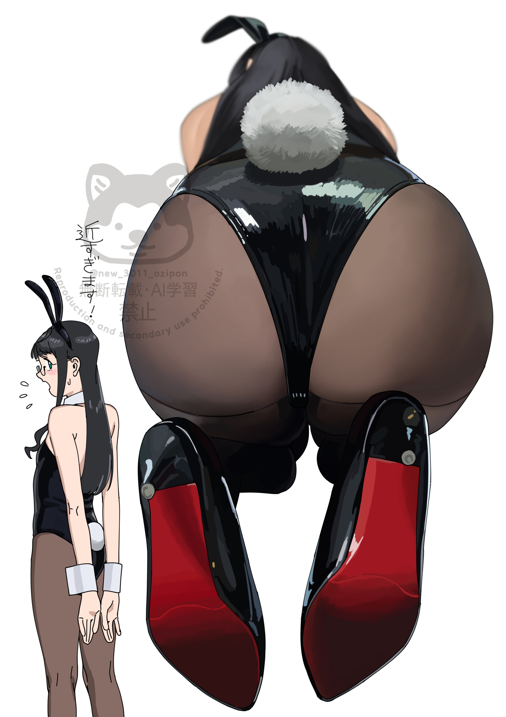 ojipon, ooyodo (kancolle), kantai collection, highres, 1girl, animal ear hairband, animal ears, ass, black hair, black leotard, black pantyhose, blue eyes, breasts, detached collar, fake animal ears, from above, glasses, hairband, leotard, long hair, looking at viewer, looking back, multiple views, pantyhose, playboy bunny, rabbit ears, rabbit tail, simple background, small breasts, solo, standing, strapless, strapless leotard, tail, watermark, white background, wrist cuffs