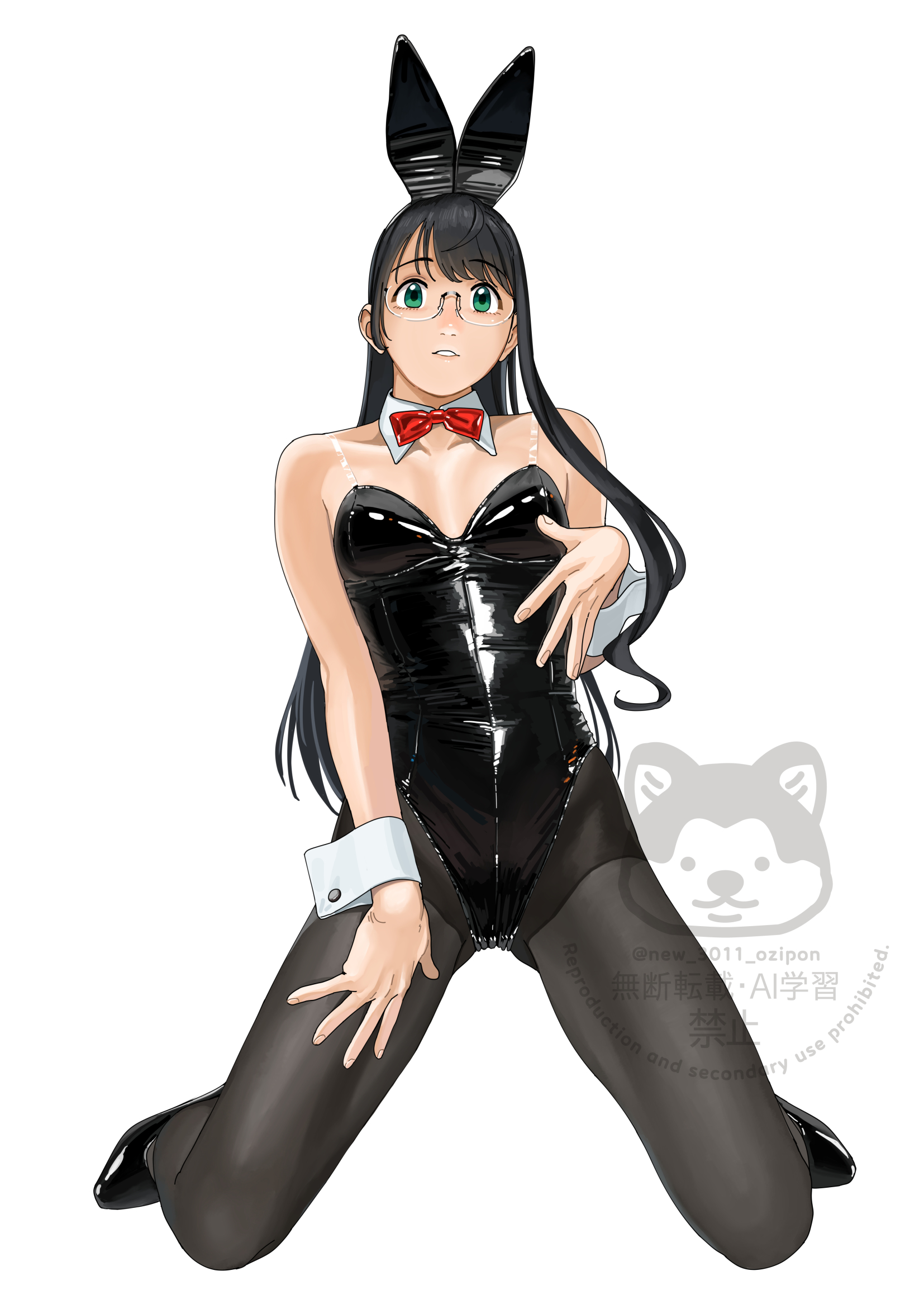 ojipon, ooyodo (kancolle), kantai collection, commentary request, highres, 1girl, animal ear hairband, animal ears, artist logo, black hair, black leotard, black pantyhose, bow, bowtie, breasts, detached collar, fake animal ears, full body, hairband, leotard, logo, long hair, pantyhose, playboy bunny, rabbit ears, red bow, red bowtie, red eyes, see-through strap, simple background, skneeling, small breasts, smile, solo, strapless, strapless leotard, watermark, white background, wrist cuffs